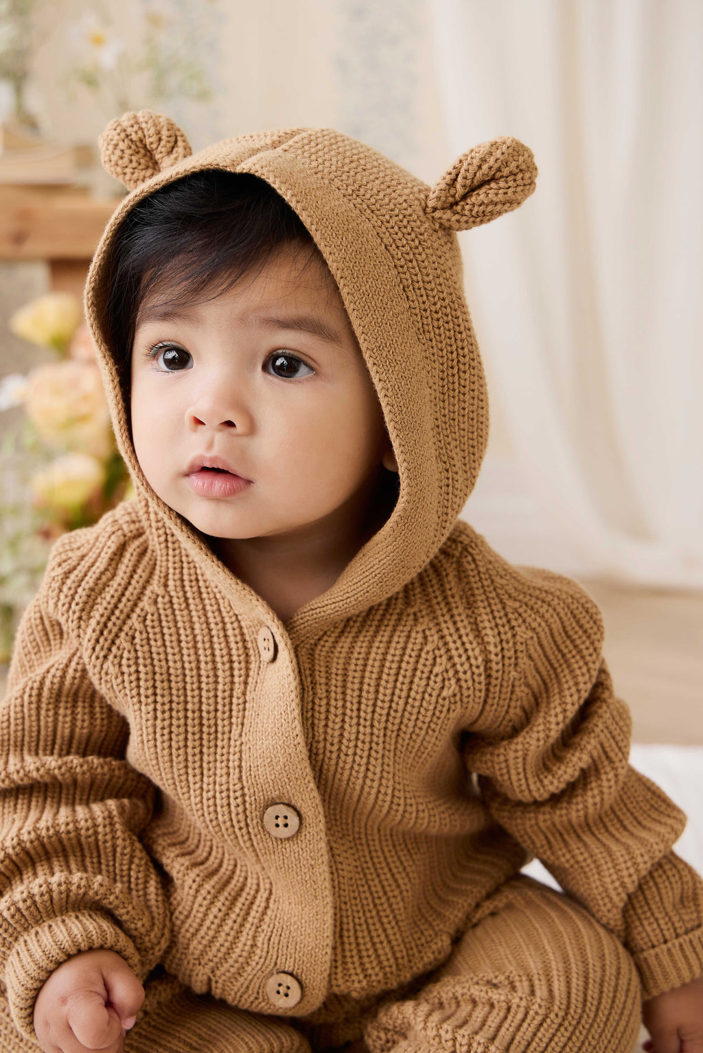 Jolie Grenouillère en Coton Tricoté Marron Fauve avec Capuche Oreilles d'Ours & Poches Frontales