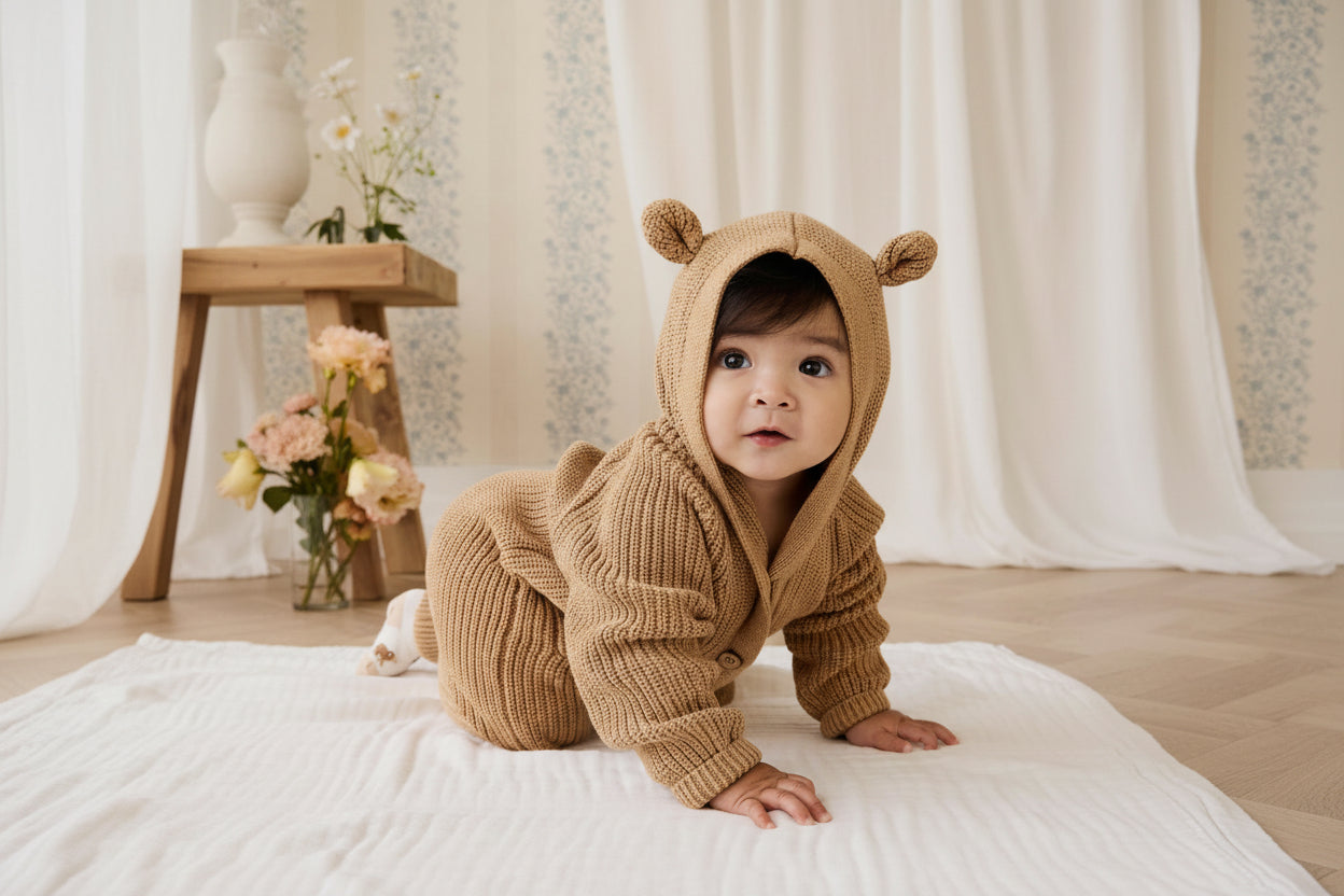 Jolie Grenouillère en Coton Tricoté Marron Fauve avec Capuche Oreilles d'Ours & Poches Frontales