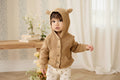 Joli cardigan en tricot de coton marron fauve avec capuche à oreilles d'ours et poches avant