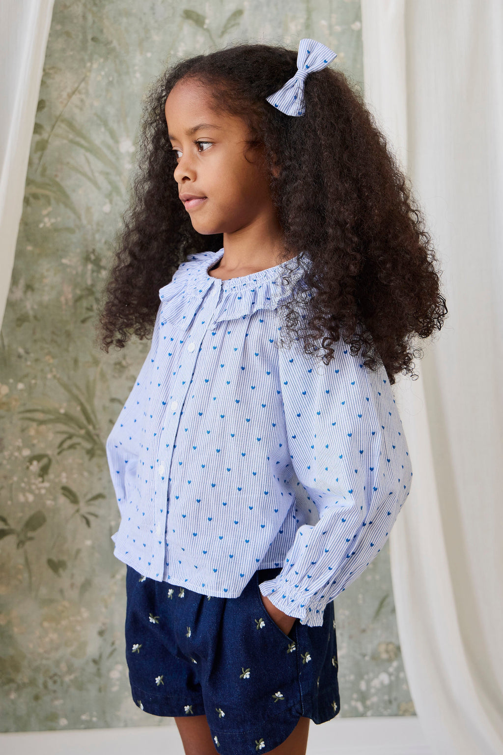 Accessoire de Cheveux Nœud Cœur Rayé Bleu Doux en Coton Biologique