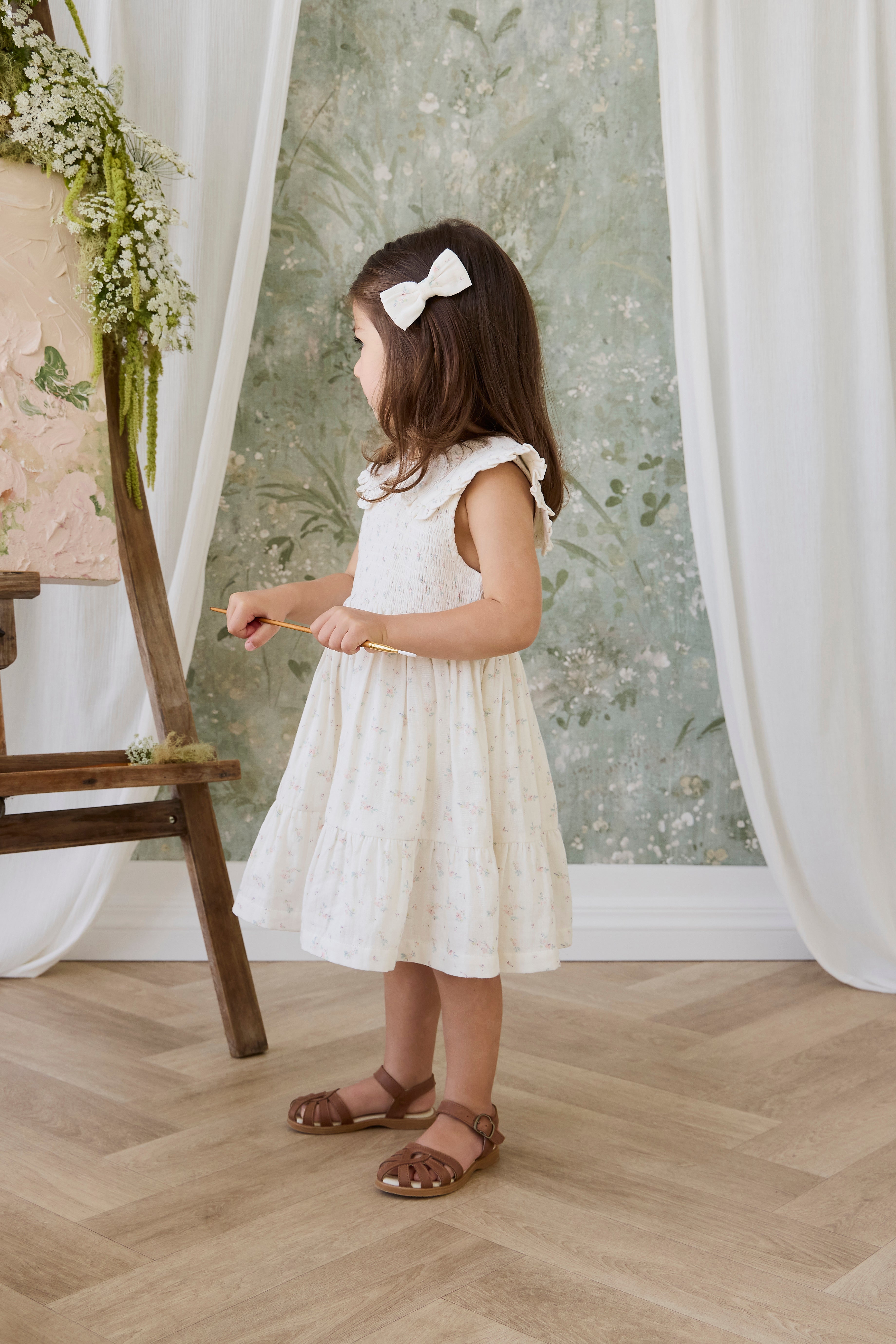 Accessoire à cheveux nœud en coton bio crème doux à fleurs