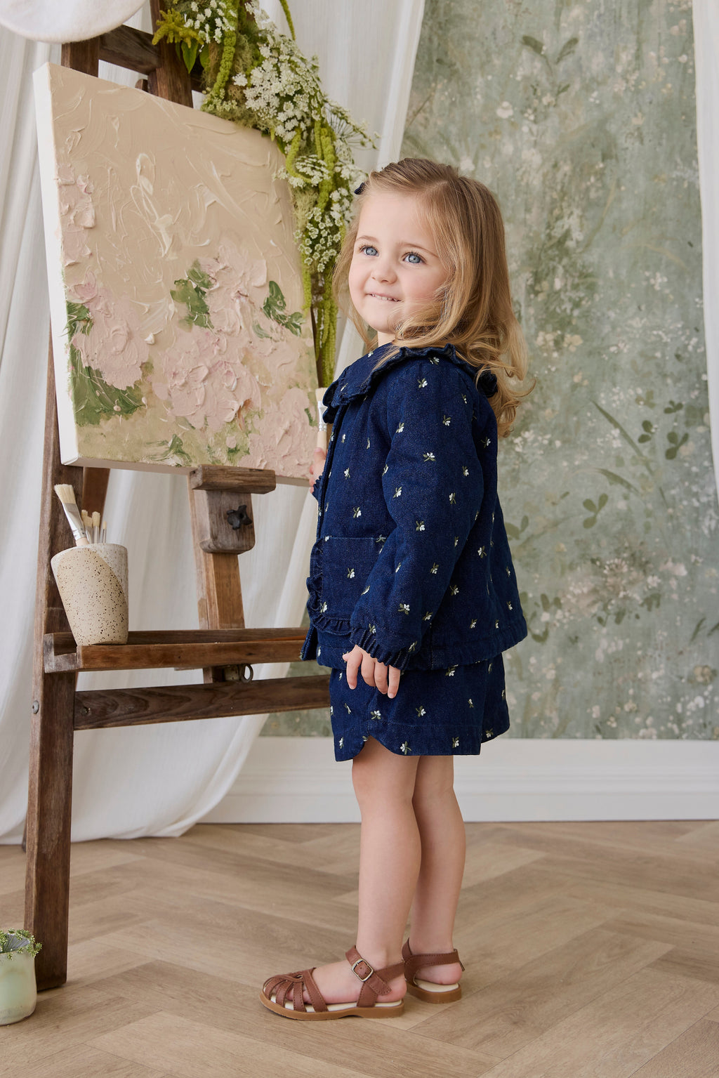 Veste matelassée en coton fleuri vintage avec col volanté et garnissage recyclé