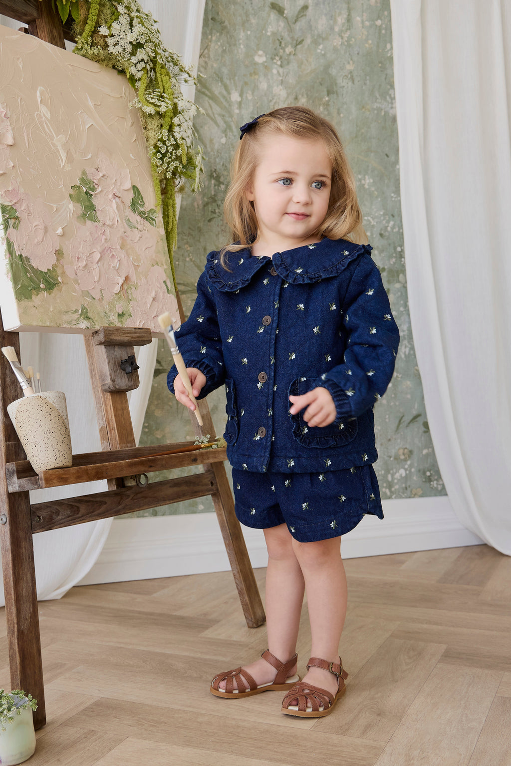 Veste matelassée en coton fleuri vintage avec col volanté et garnissage recyclé