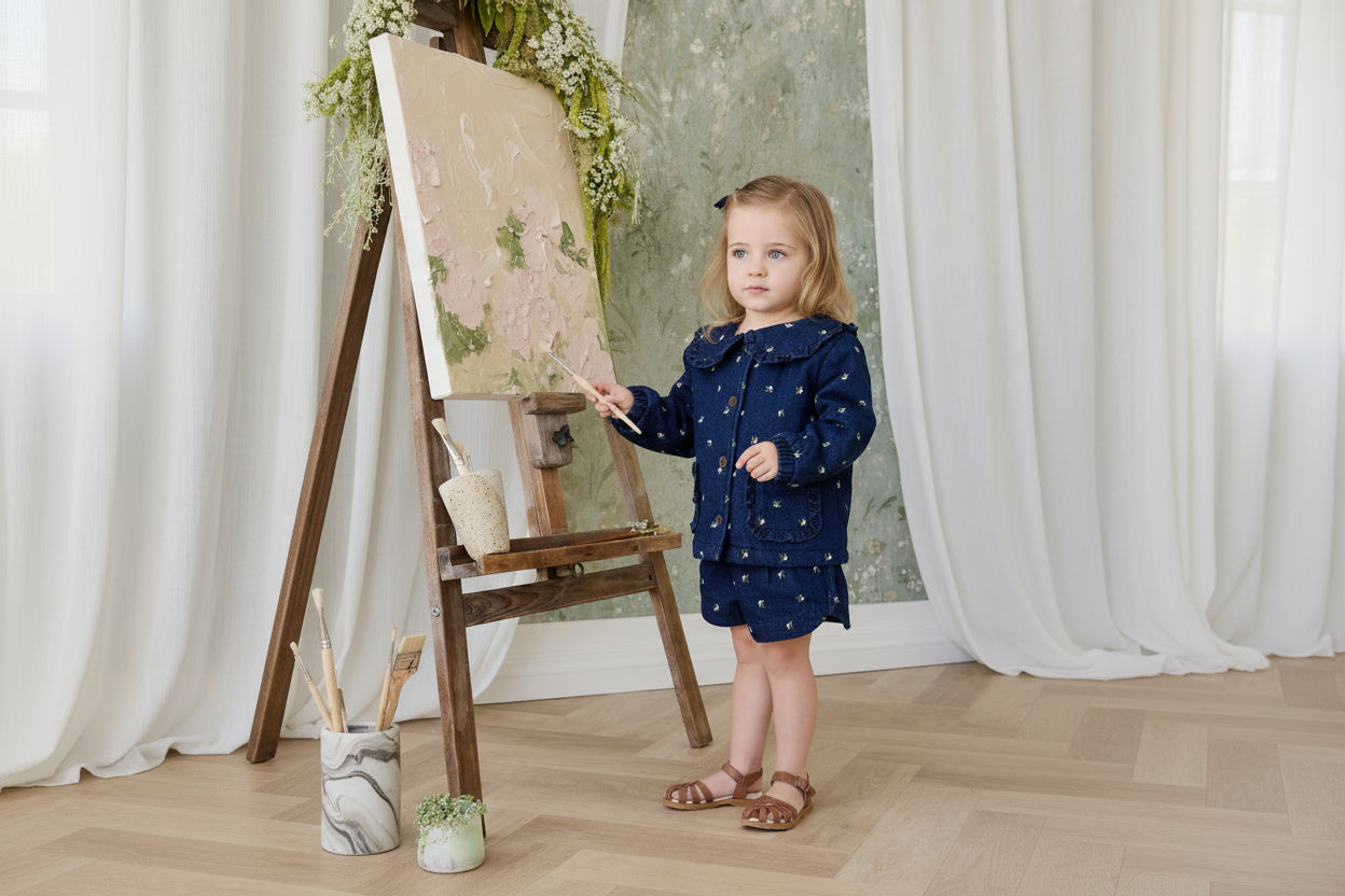 Short en jean de coton fleuri indigo vintage avec quincaillerie sans nickel