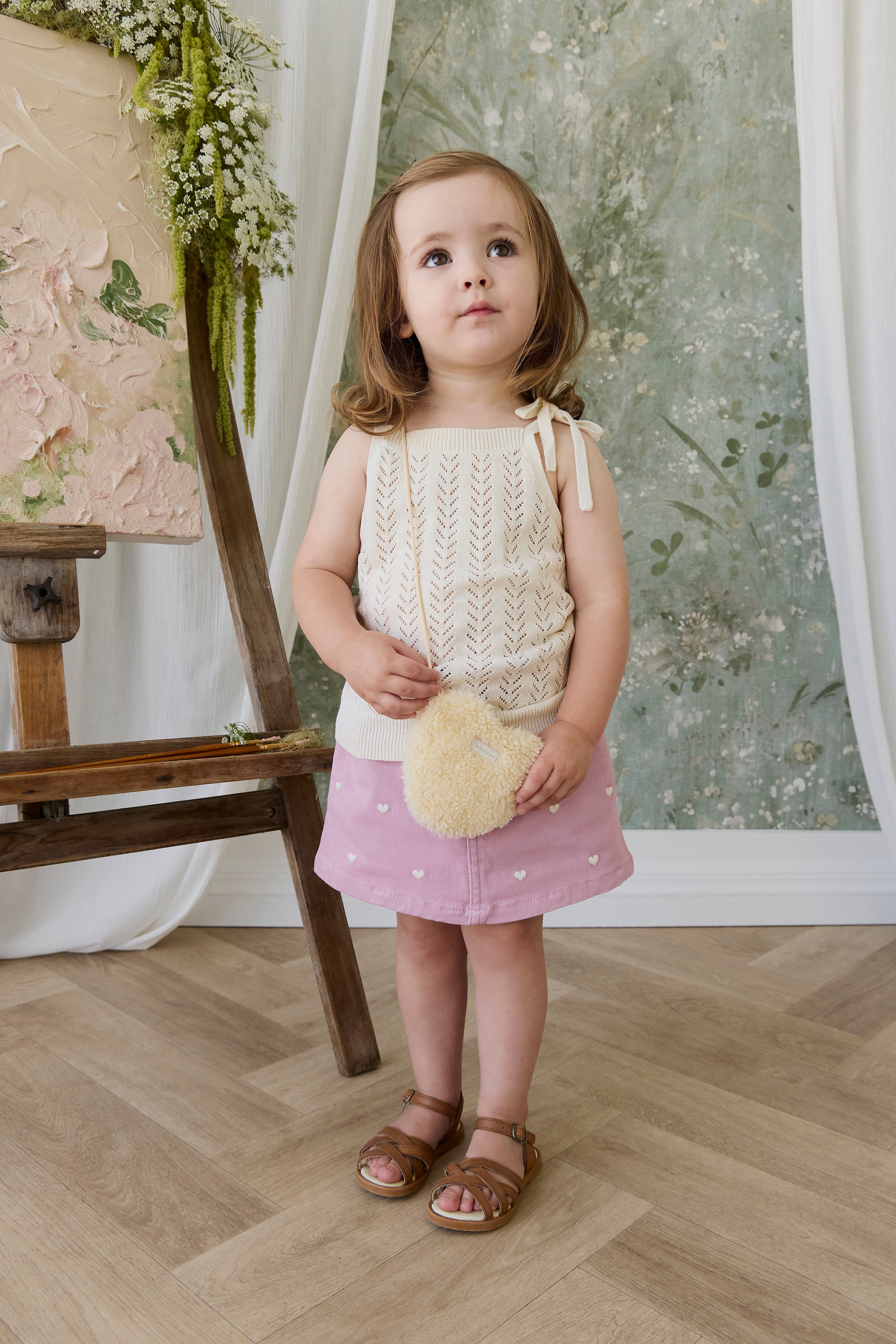 Jupe Cœur Rose en Coton-Élasthanne Brodé avec Taille Froncée
