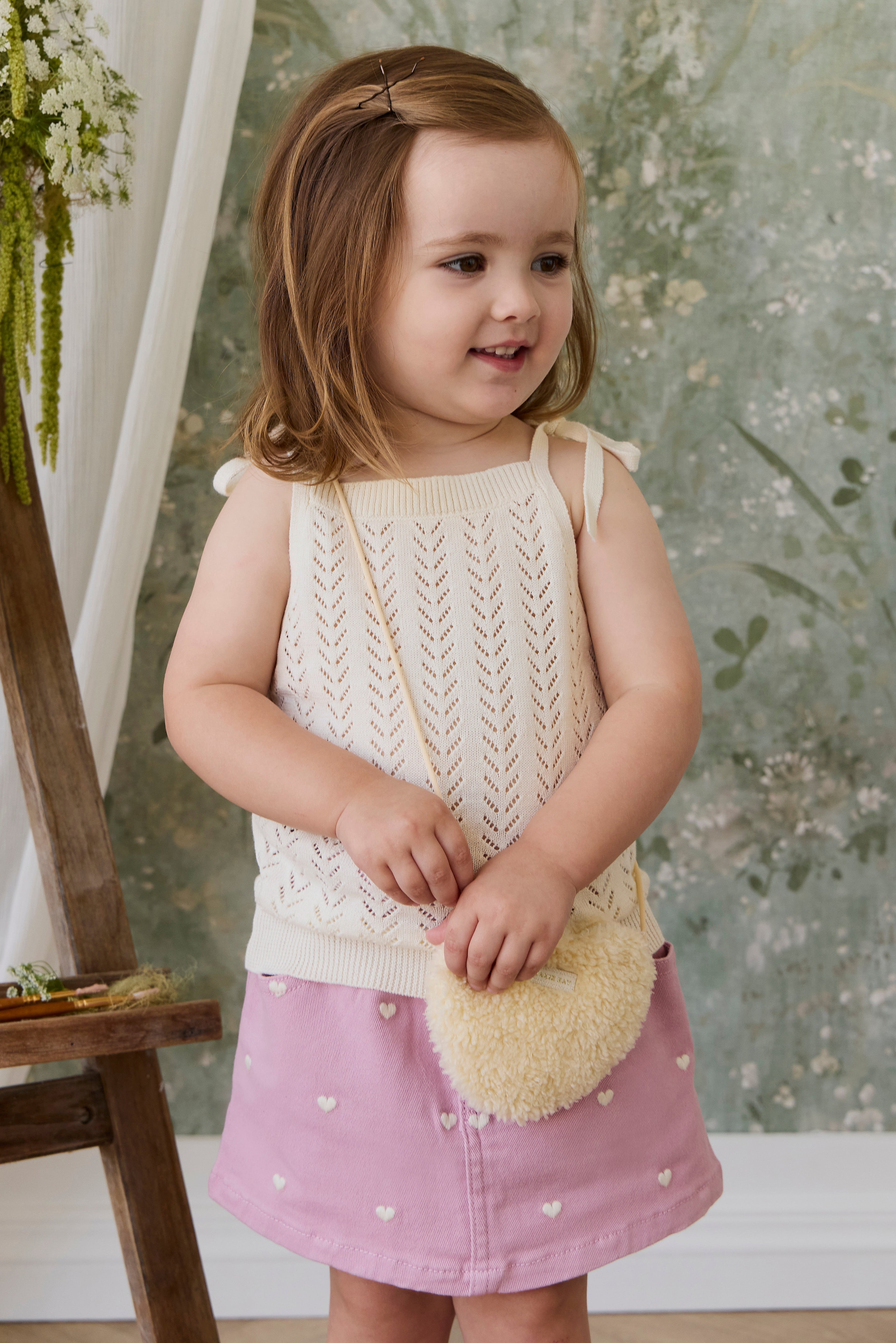 Jupe Cœur Rose en Coton-Élasthanne Brodé avec Taille Froncée