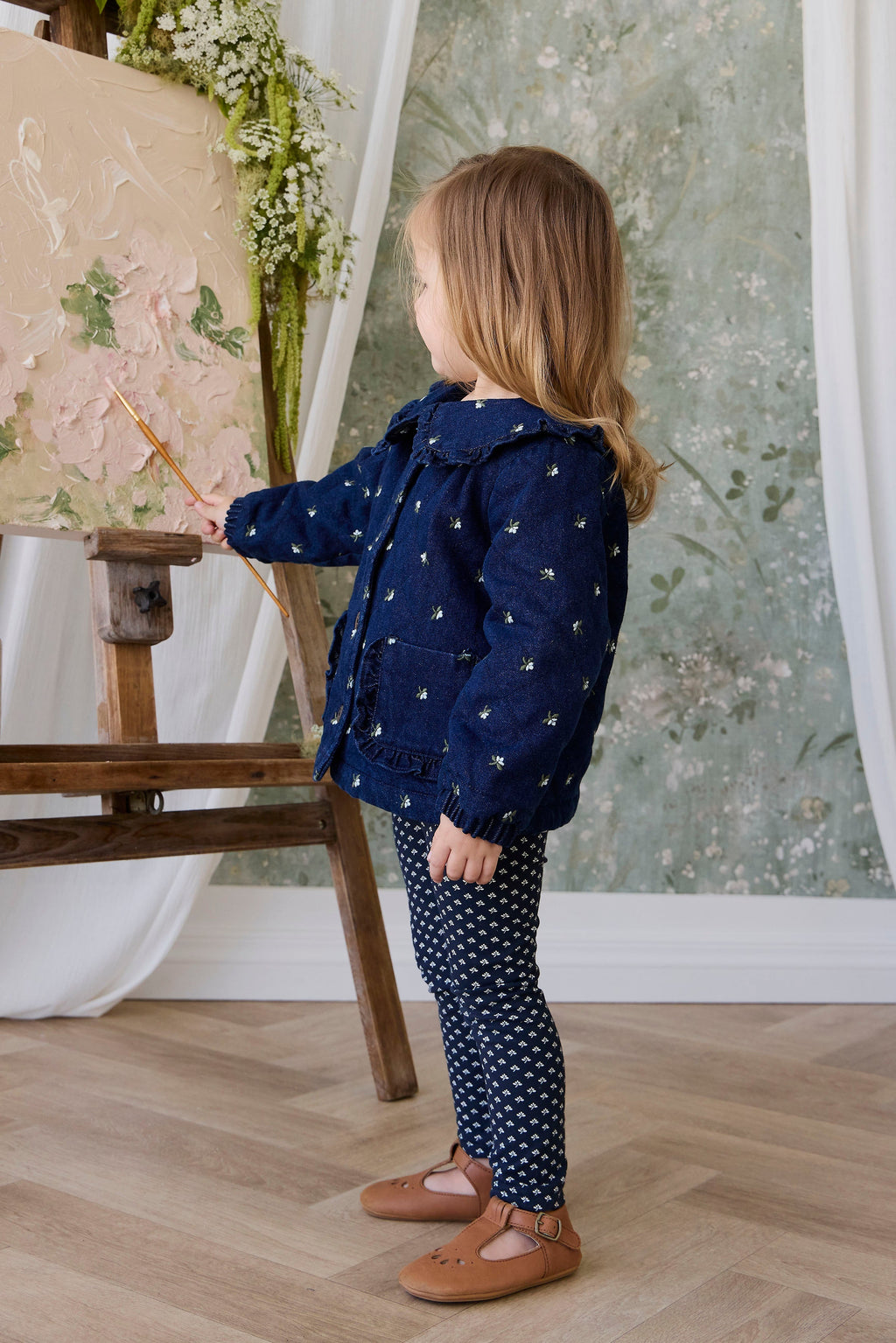 Legging en coton biologique bleu marine à fleurs, décontracté et légèrement extensible