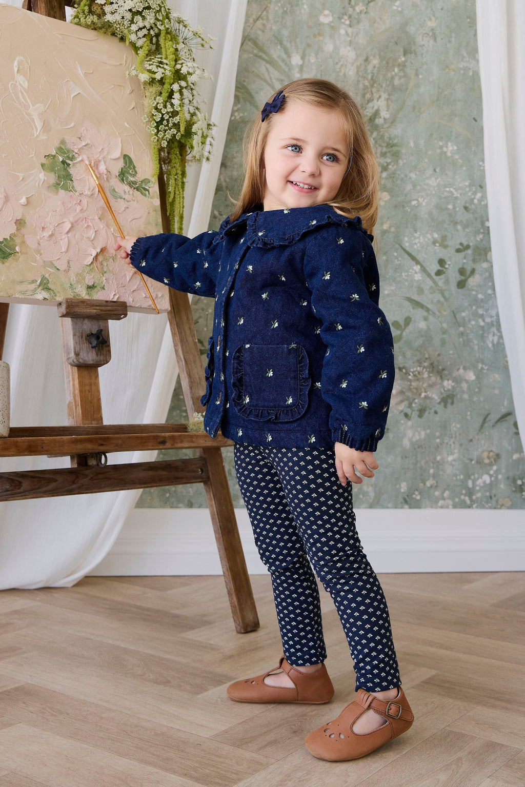 Legging en coton biologique bleu marine à fleurs, décontracté et légèrement extensible