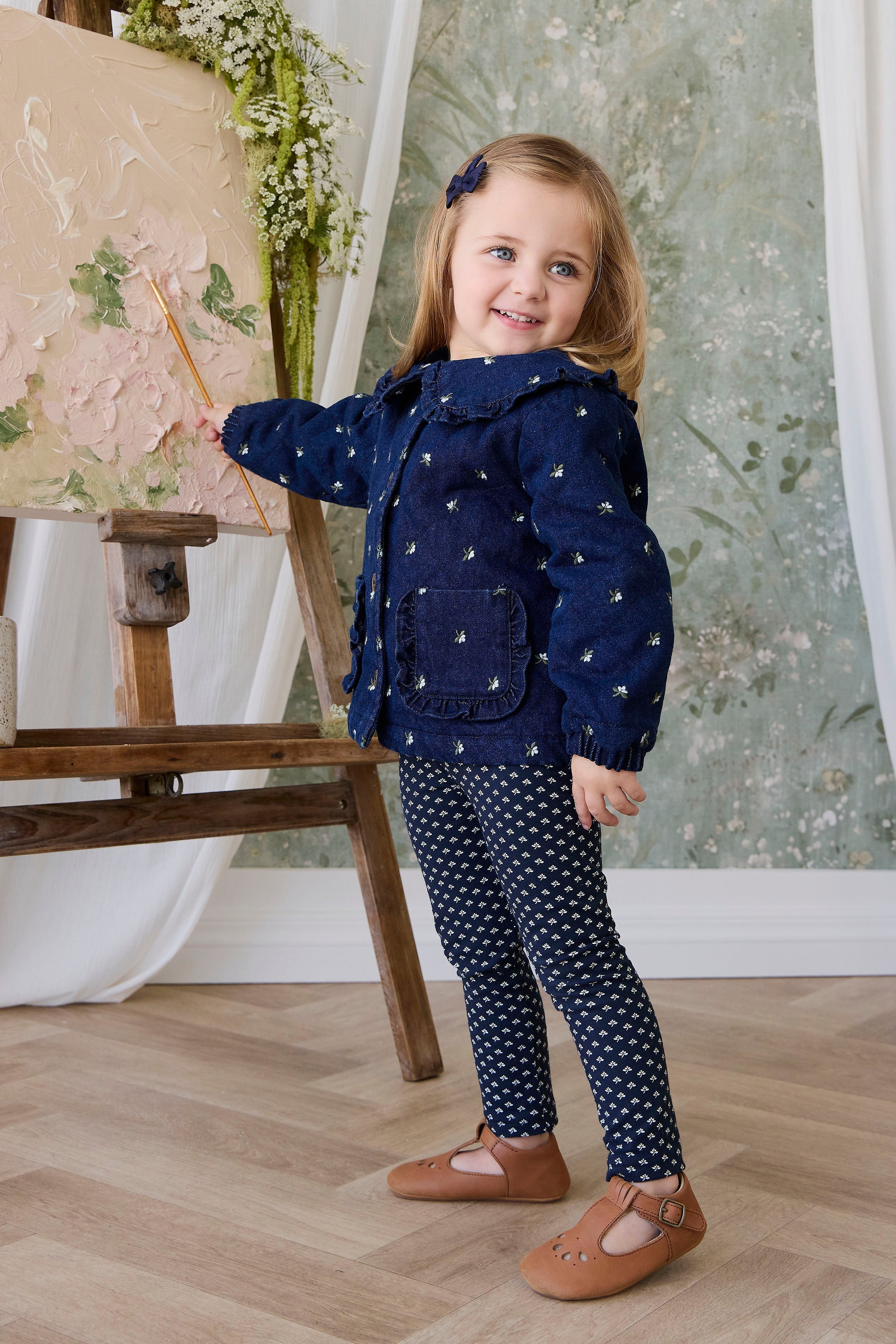 Legging en coton biologique bleu marine à fleurs, décontracté et légèrement extensible