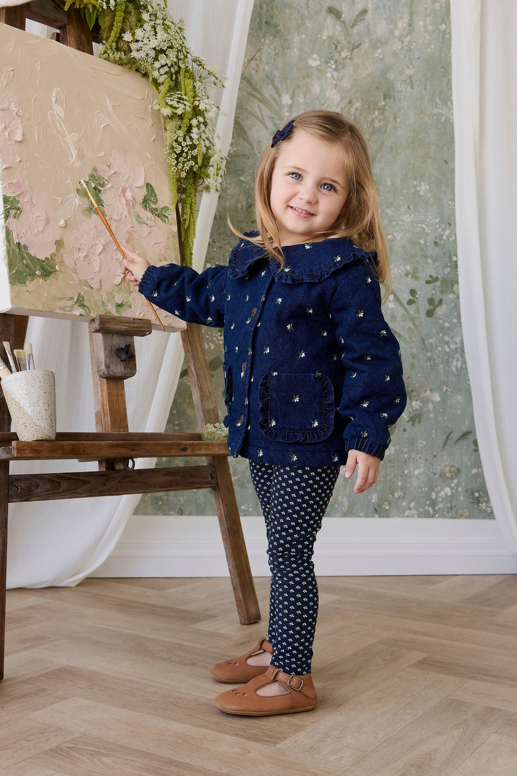 Veste matelassée en coton fleuri vintage avec col volanté et garnissage recyclé