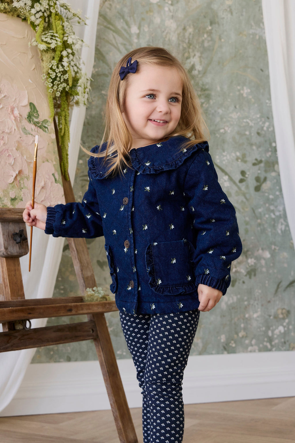 Veste matelassée en coton fleuri vintage avec col volanté et garnissage recyclé