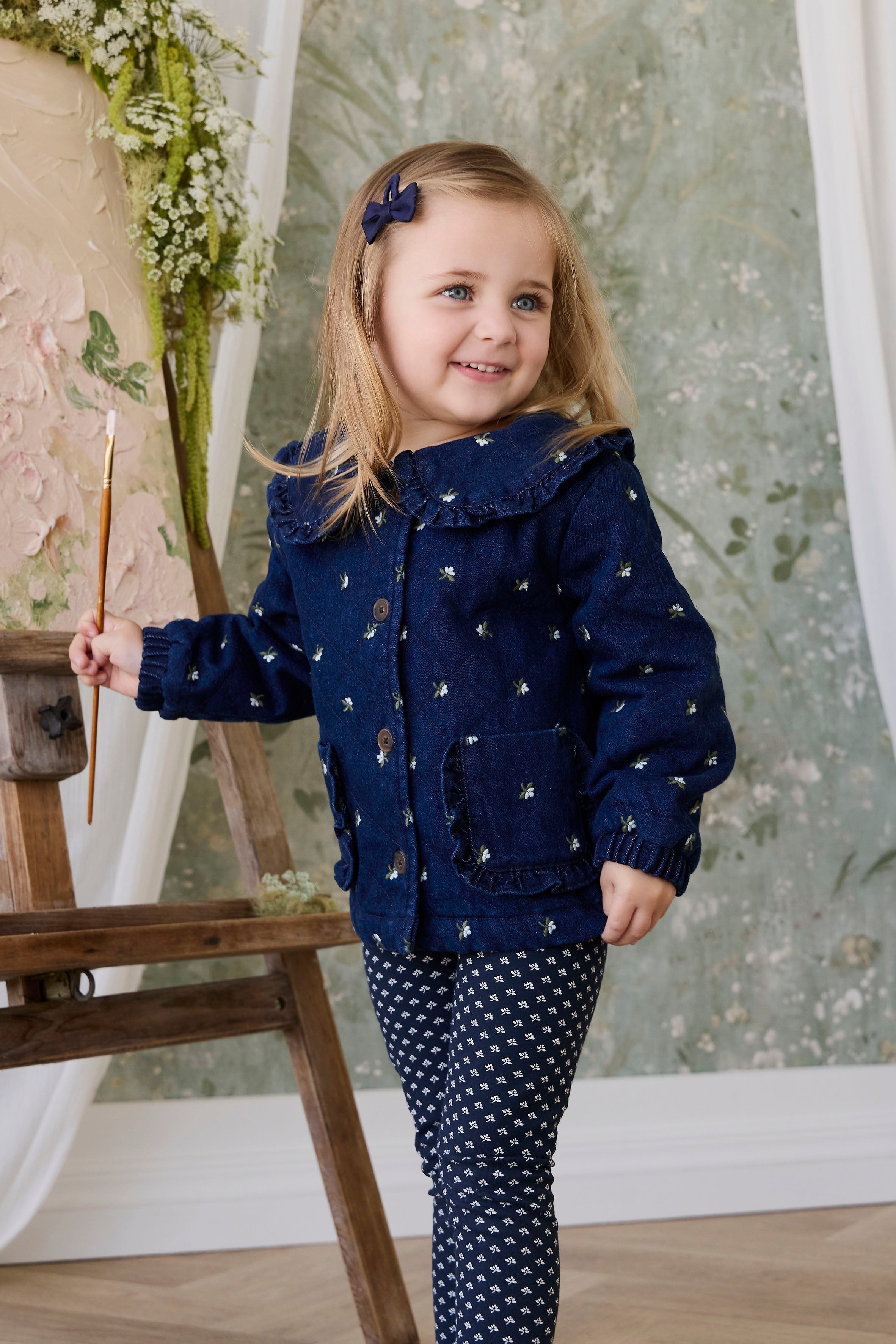 Veste matelassée en coton fleuri vintage avec col volanté et garnissage recyclé