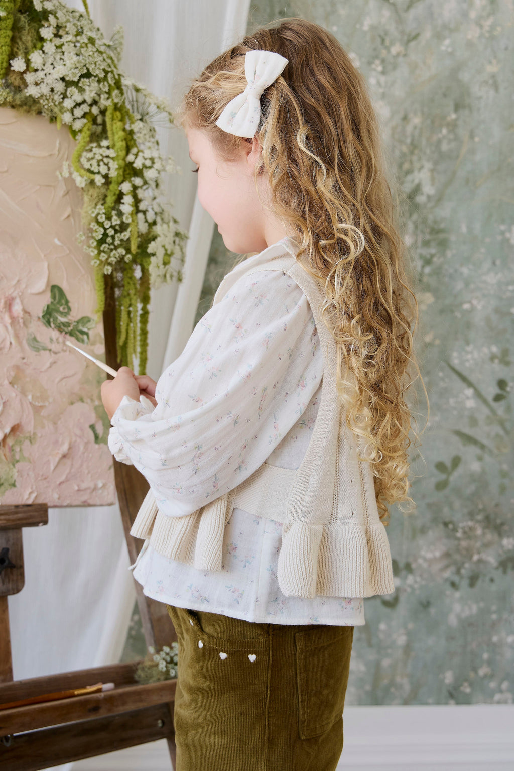Accessoire à cheveux nœud en coton bio crème doux à fleurs