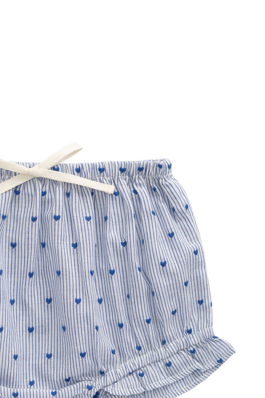 Bloomer à volants en coton biologique à rayures bleues et imprimé floral, avec nœud à la taille