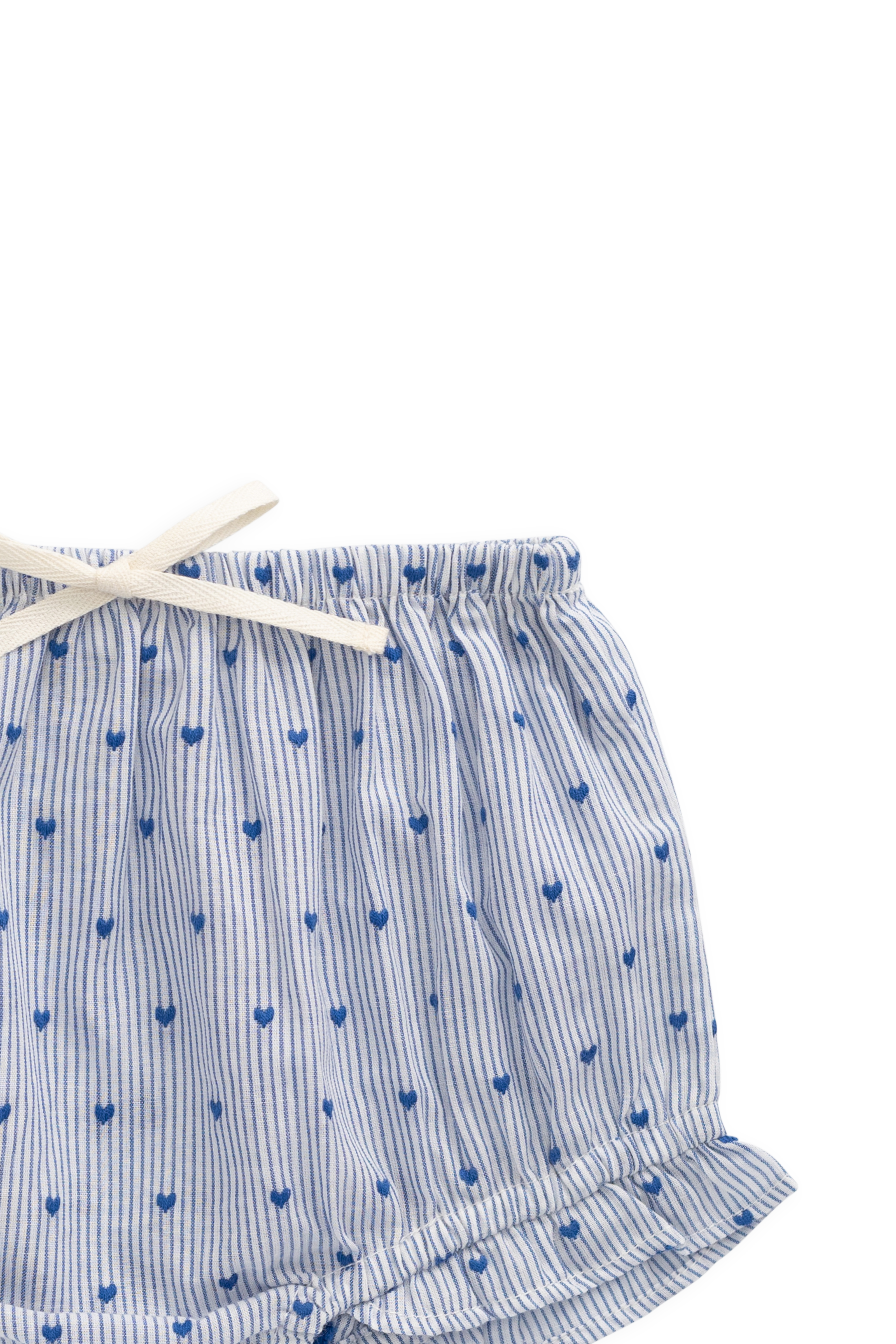 Bloomer à volants en coton biologique à rayures bleues et imprimé floral, avec nœud à la taille