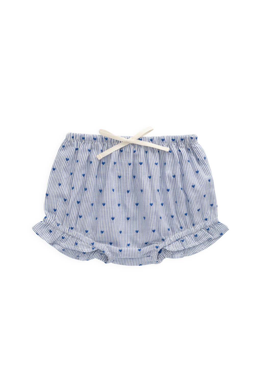 Bloomer à volants en coton biologique à rayures bleues et imprimé floral, avec nœud à la taille