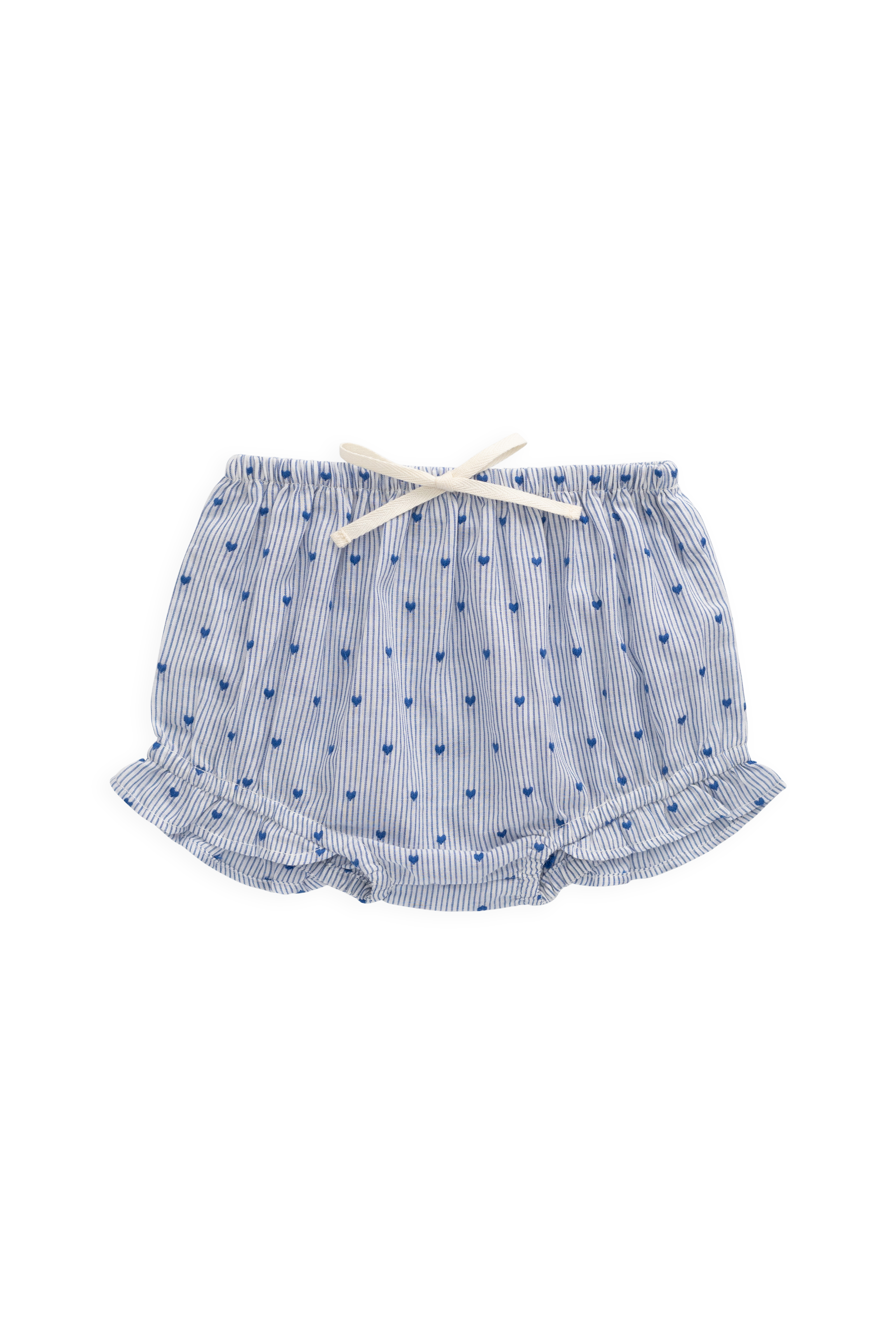 Bloomer à volants en coton biologique à rayures bleues et imprimé floral, avec nœud à la taille
