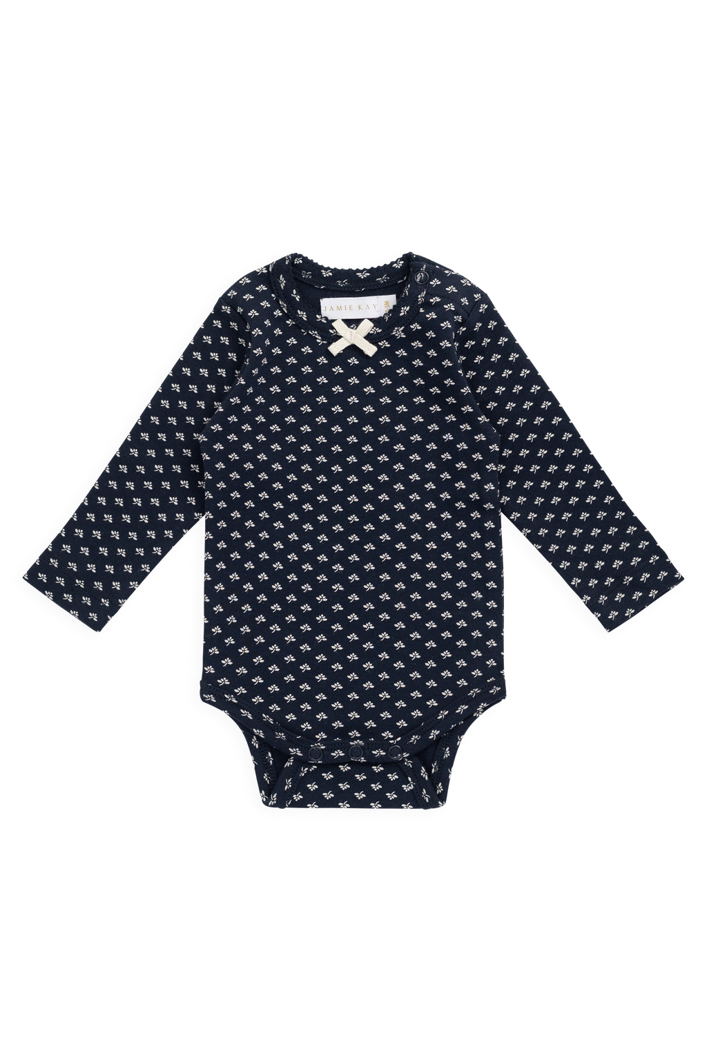 Body à manches longues en coton biologique Indigo fleuri avec encolure à nœud