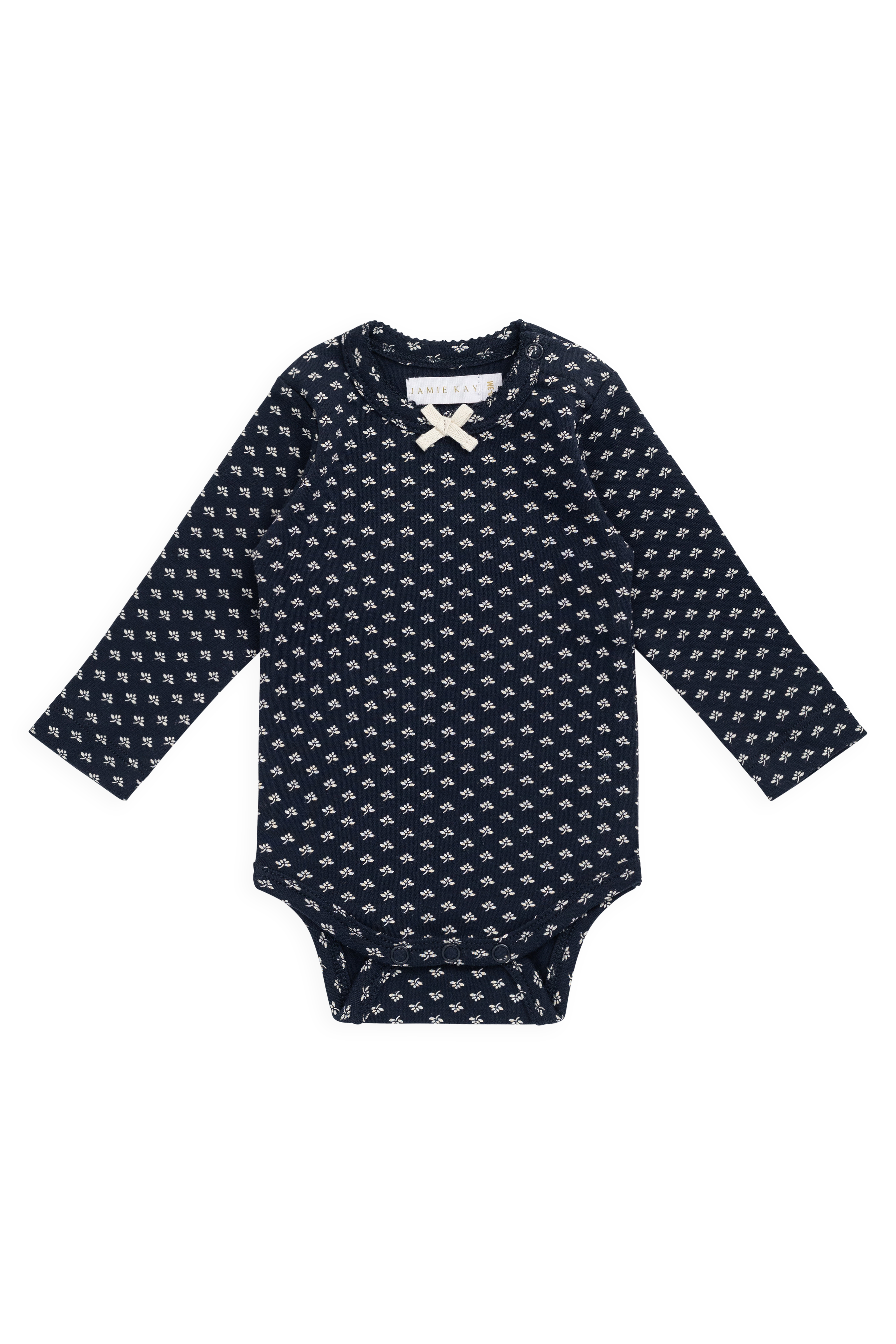 Body à manches longues en coton biologique Indigo fleuri avec encolure à nœud