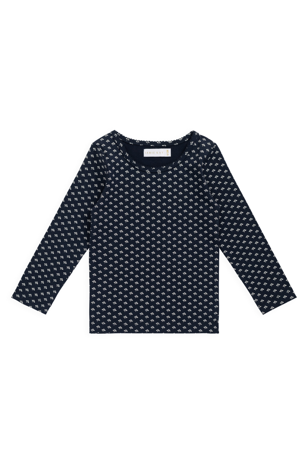Haut décontracté à manches longues en coton biologique à motif floral bleu marine, avec col rond et extensible