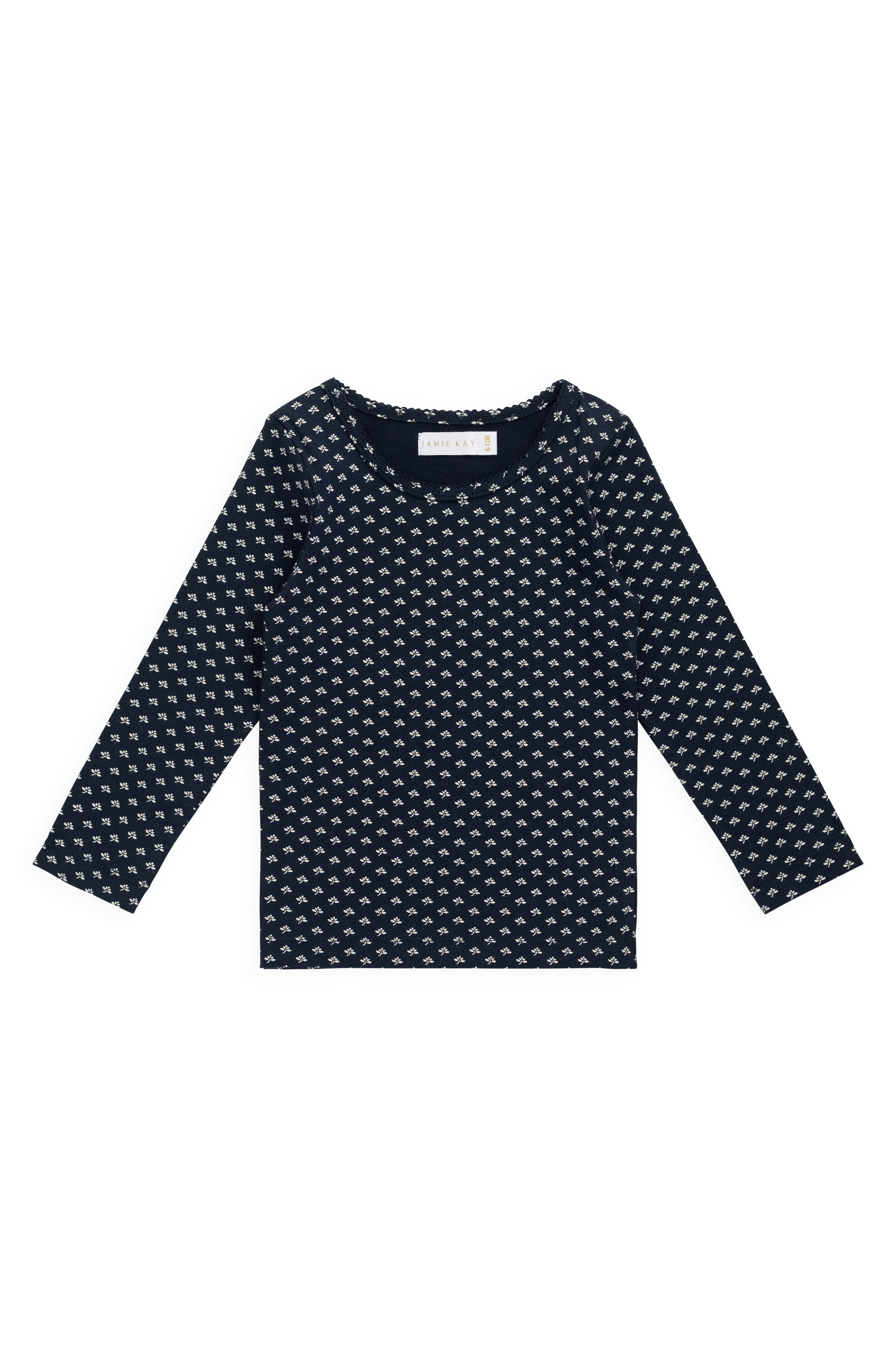Haut décontracté à manches longues en coton biologique à motif floral bleu marine, avec col rond et extensible