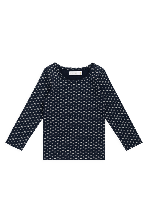 Haut décontracté à manches longues en coton biologique à motif floral bleu marine, avec col rond et extensible