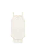 Grenouillère délicate en maille interlock ajourée de coton biologique, coloris parchemin, avec nœud.