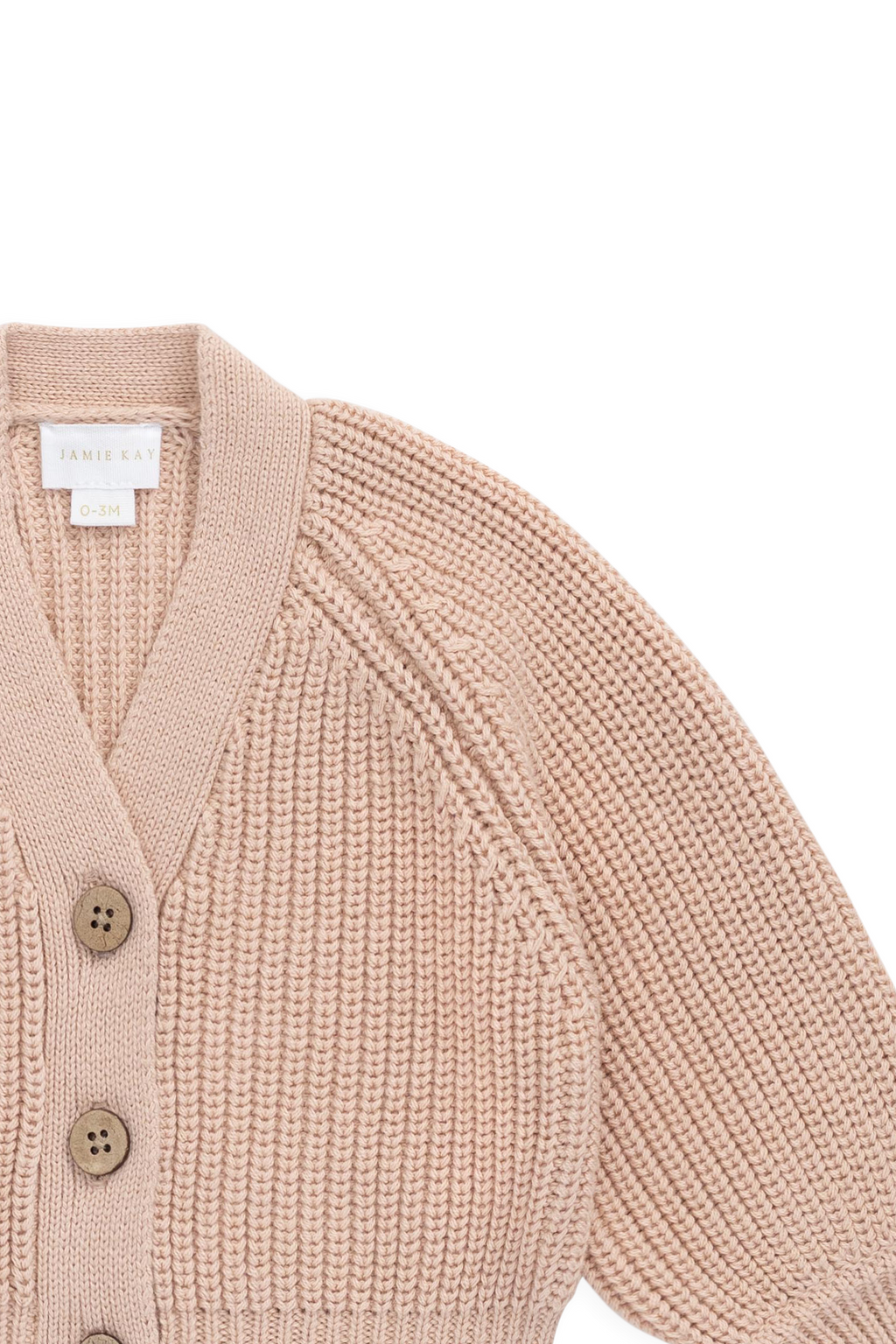Cardigan classique en coton Rose Mist avec col en V et fermeture boutonnée en noix de coco