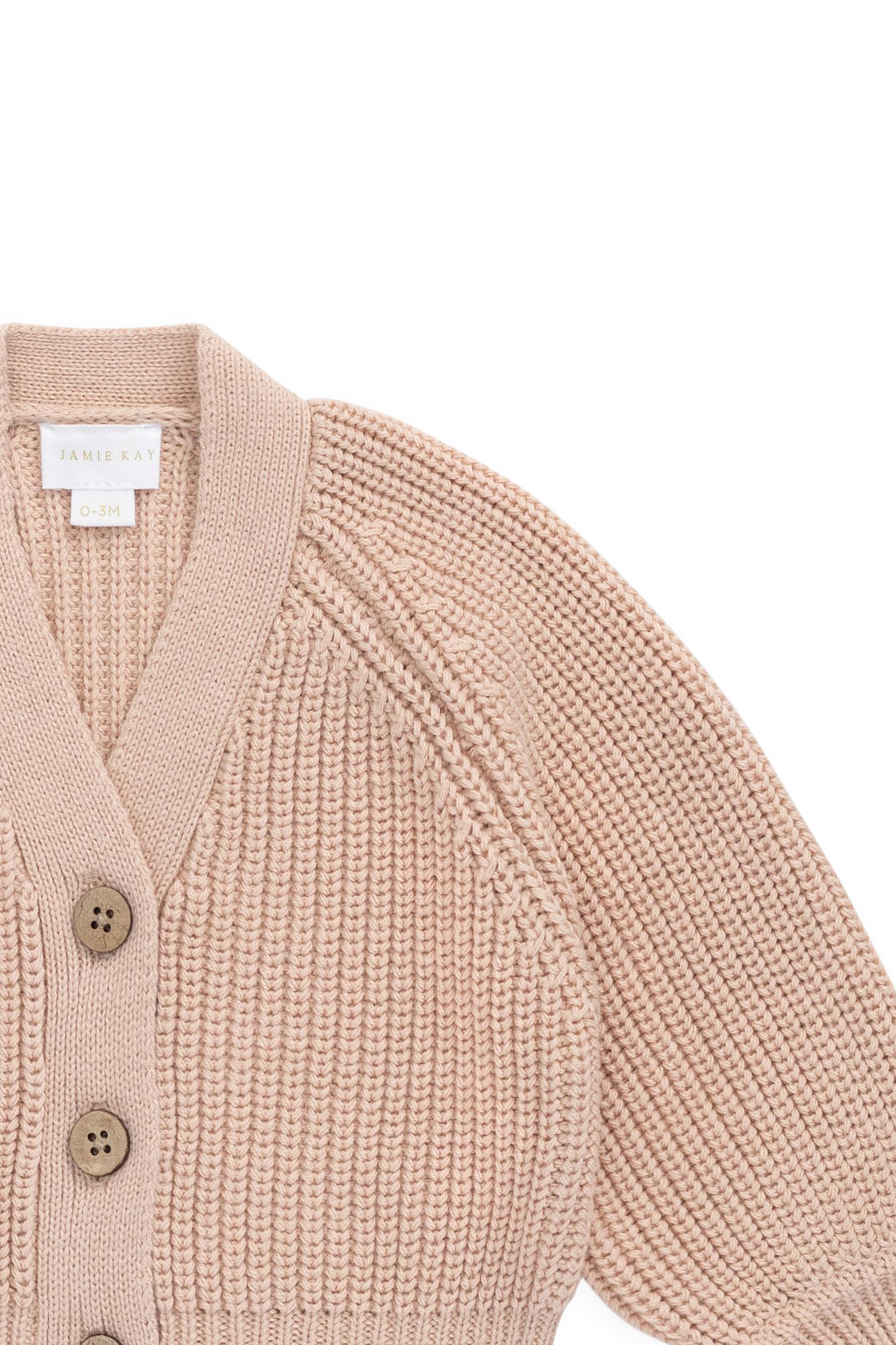 Cardigan classique en coton Rose Mist avec col en V et fermeture boutonnée en noix de coco