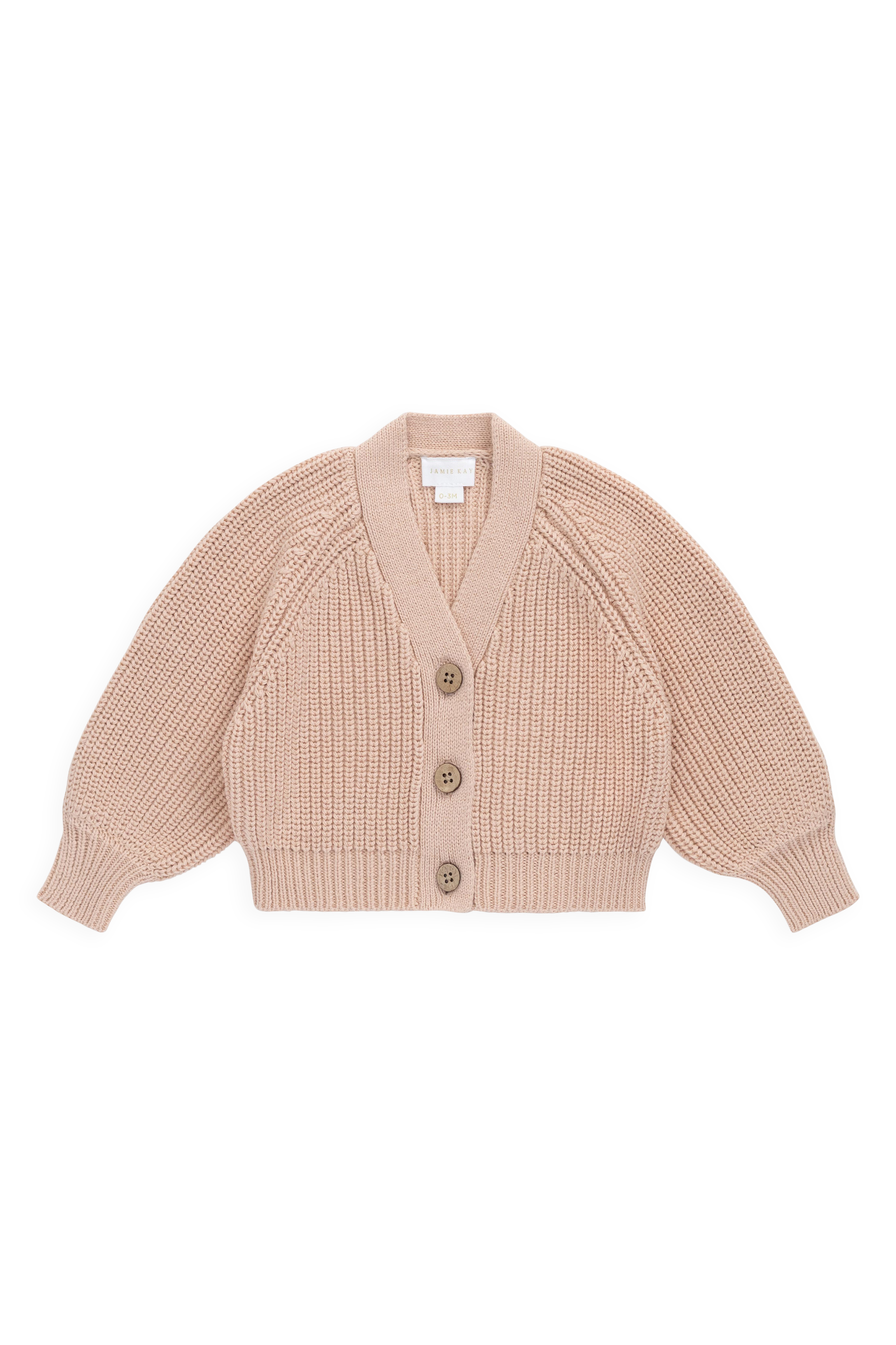 Cardigan classique en coton Rose Mist avec col en V et fermeture boutonnée en noix de coco
