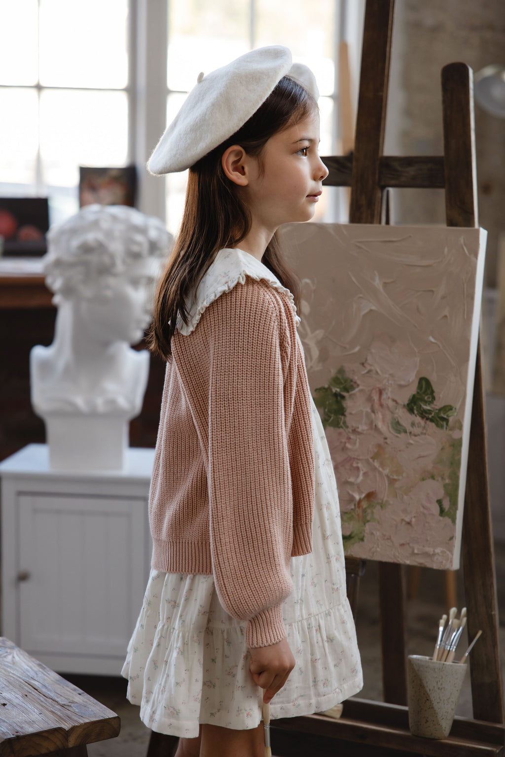 Cardigan classique en coton Rose Mist avec col en V et fermeture boutonnée en noix de coco