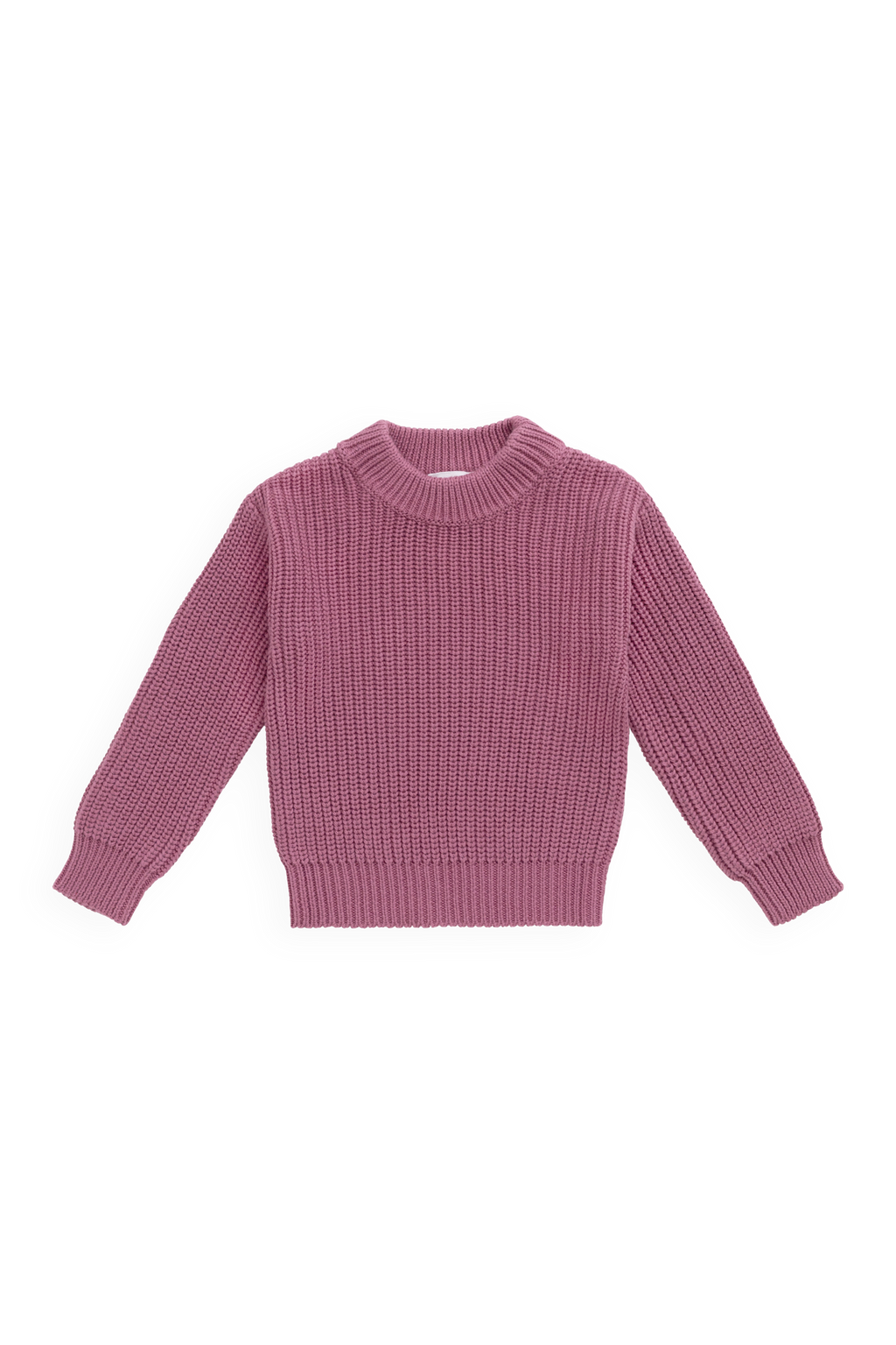 Pull classique en coton de qualité rose bruyère avec col rond et poignets côtelés