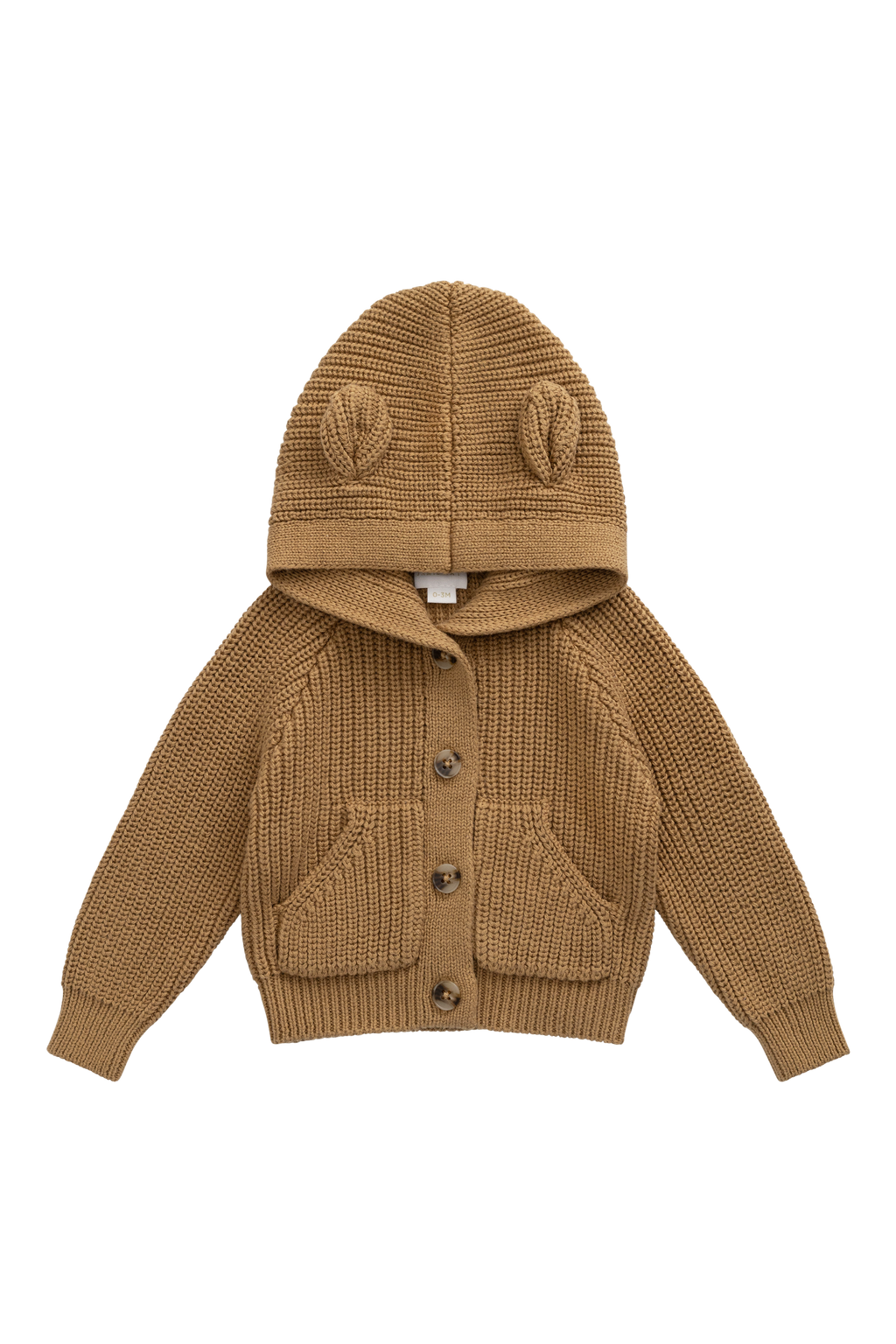 Joli cardigan en tricot de coton marron fauve avec capuche à oreilles d'ours et poches avant