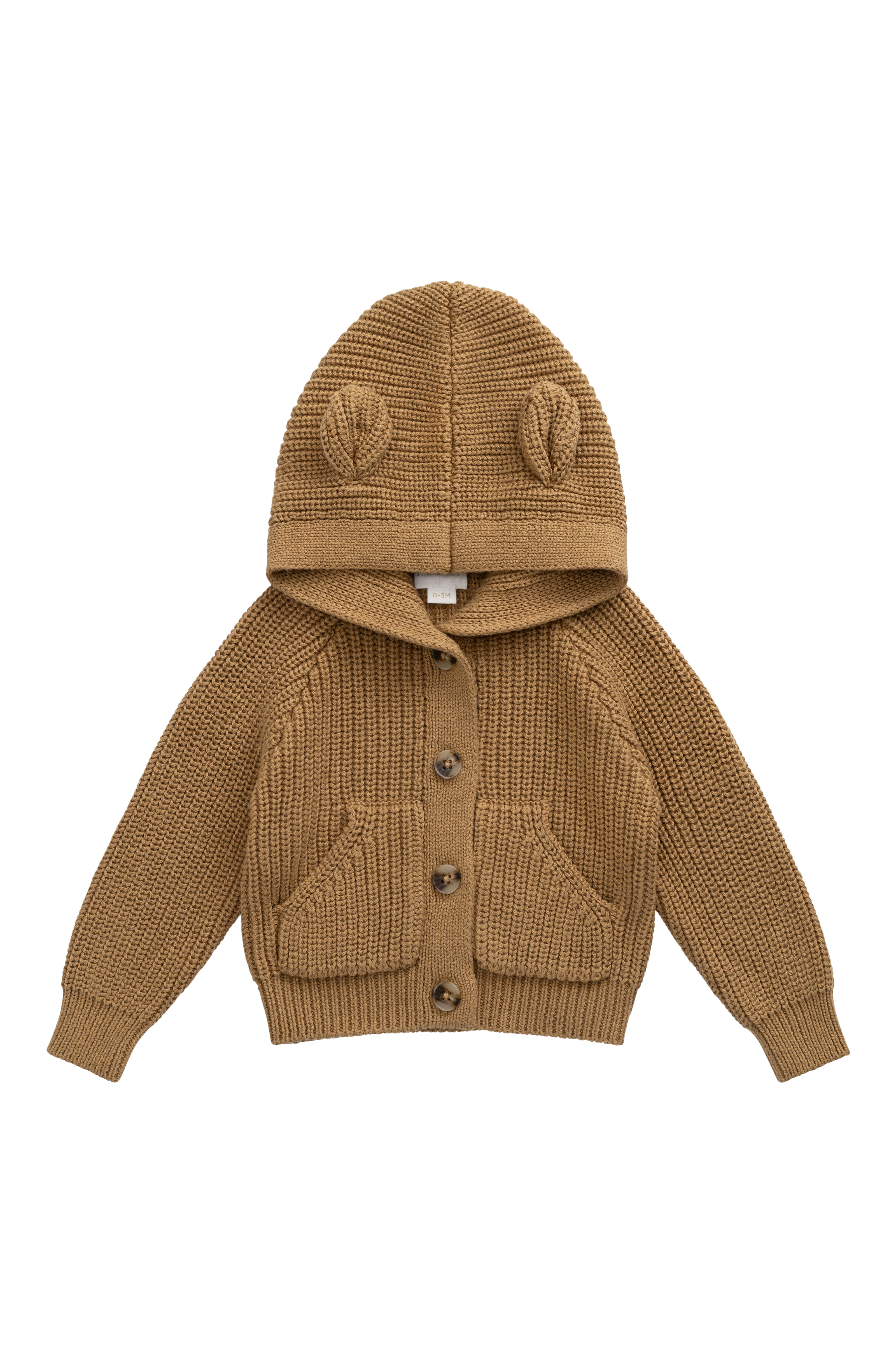 Joli cardigan en tricot de coton marron fauve avec capuche à oreilles d'ours et poches avant