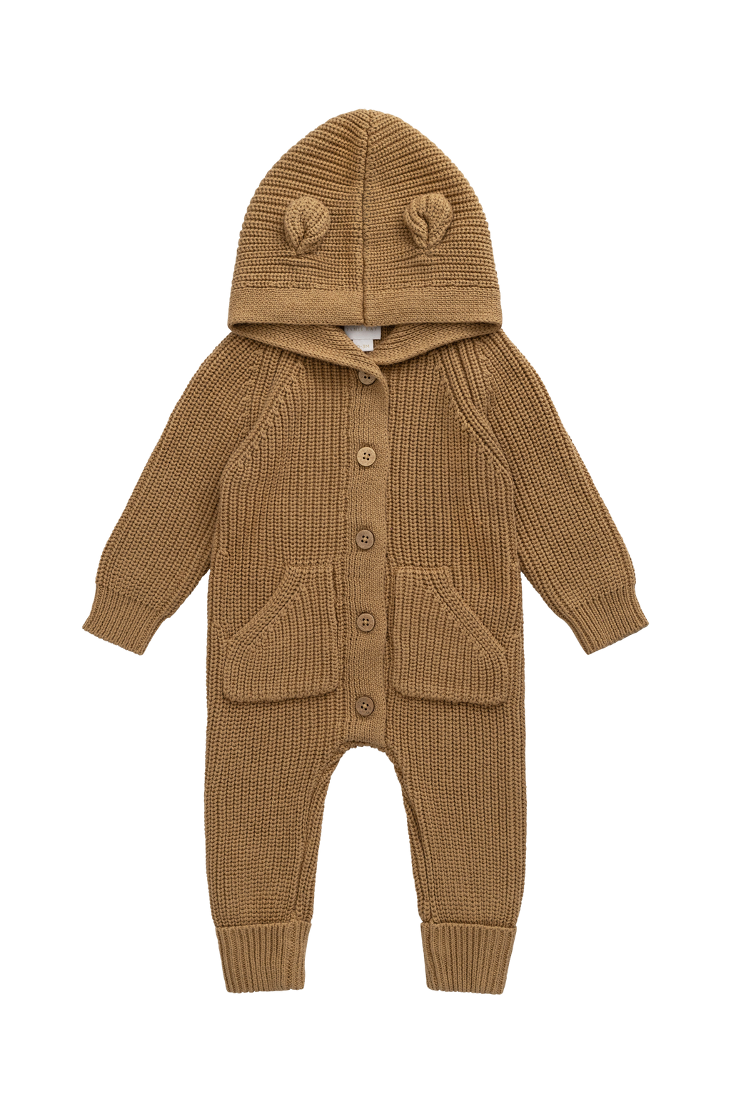 Jolie Grenouillère en Coton Tricoté Marron Fauve avec Capuche Oreilles d'Ours & Poches Frontales