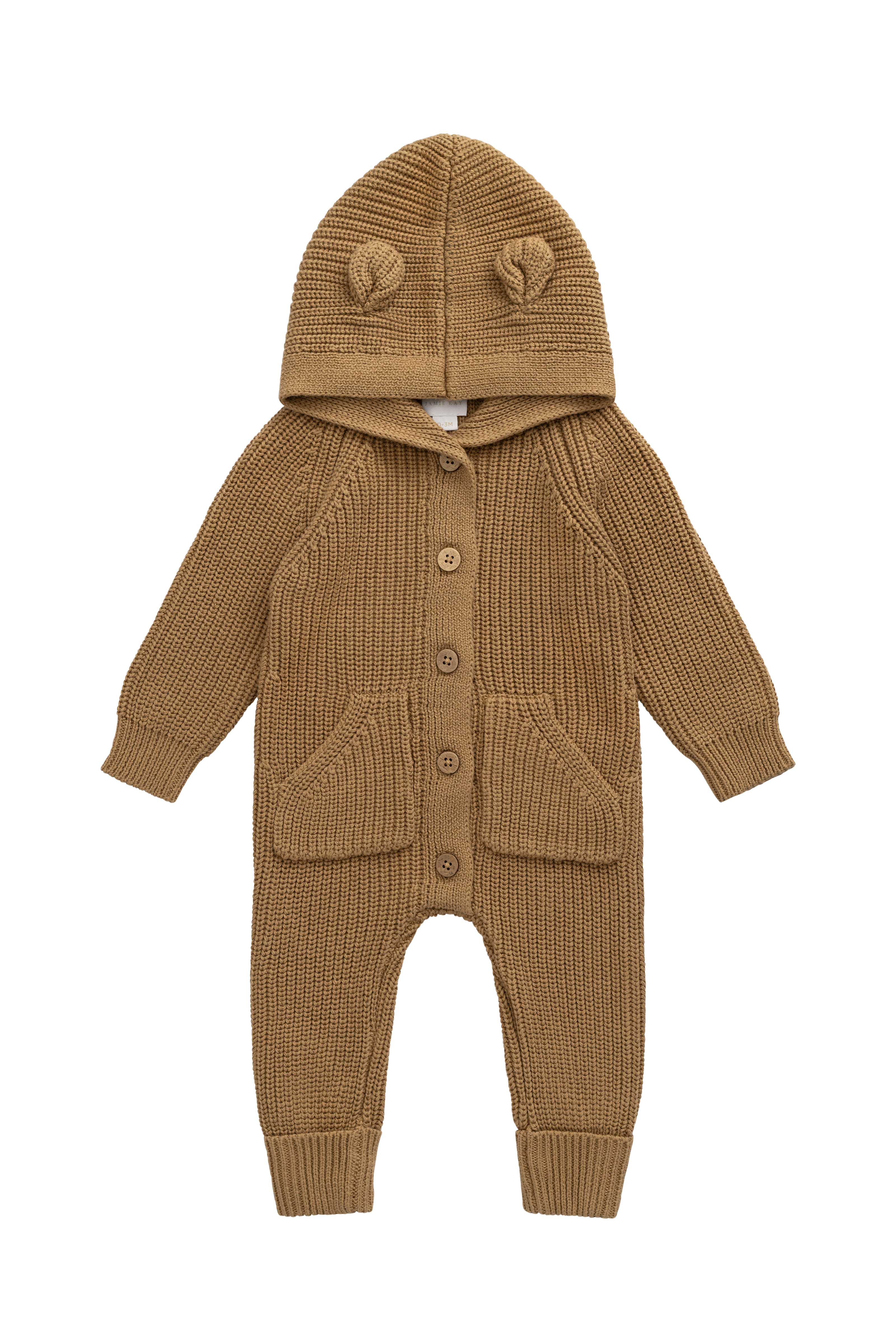 Jolie Grenouillère en Coton Tricoté Marron Fauve avec Capuche Oreilles d'Ours & Poches Frontales