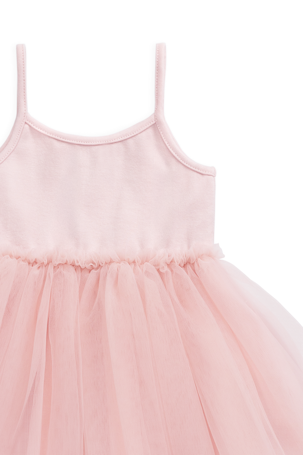Robe élégante en coton-tulle rose poudré avec jupe superposée et fines bretelles