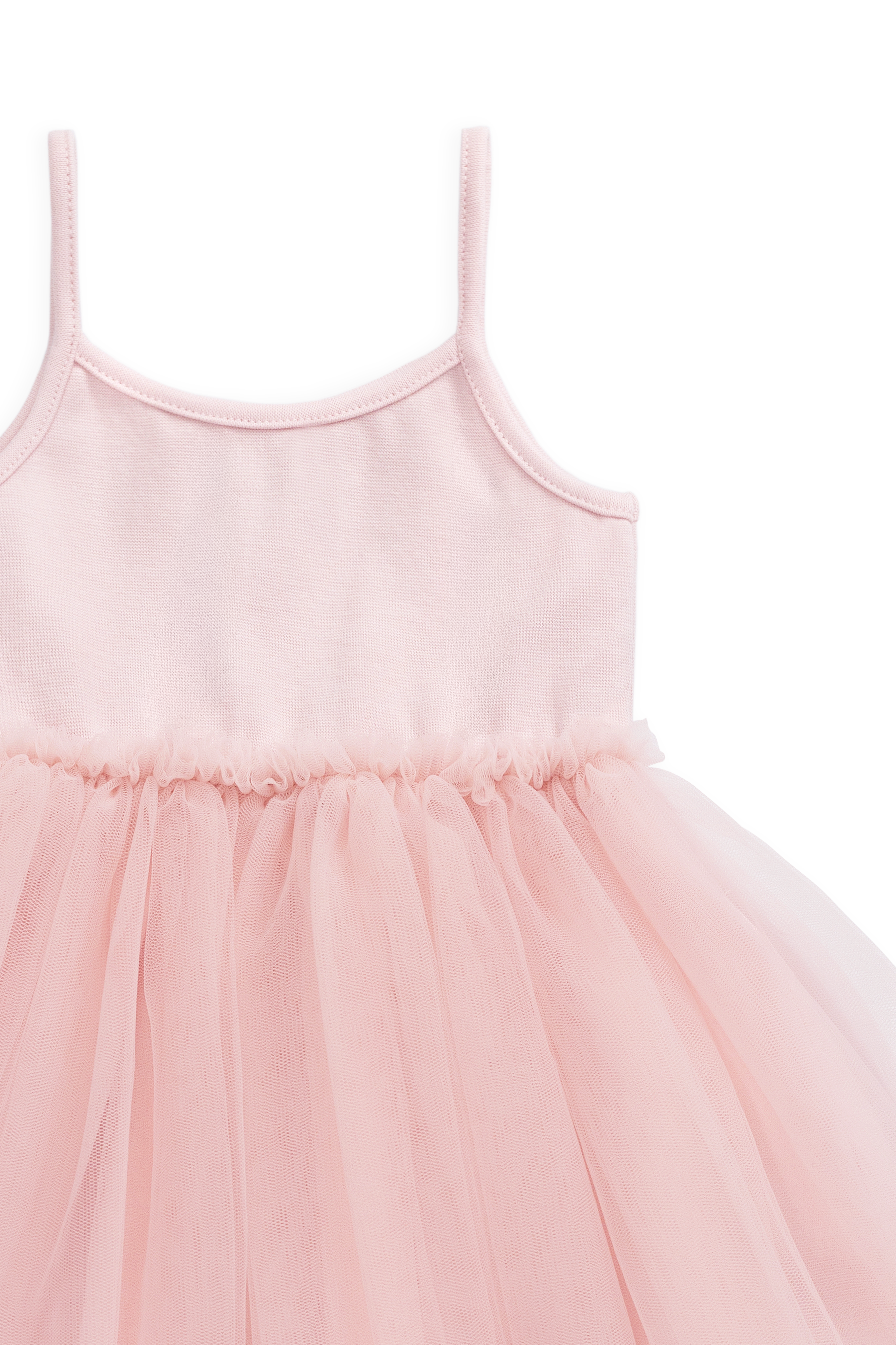 Robe élégante en coton-tulle rose poudré avec jupe superposée et fines bretelles