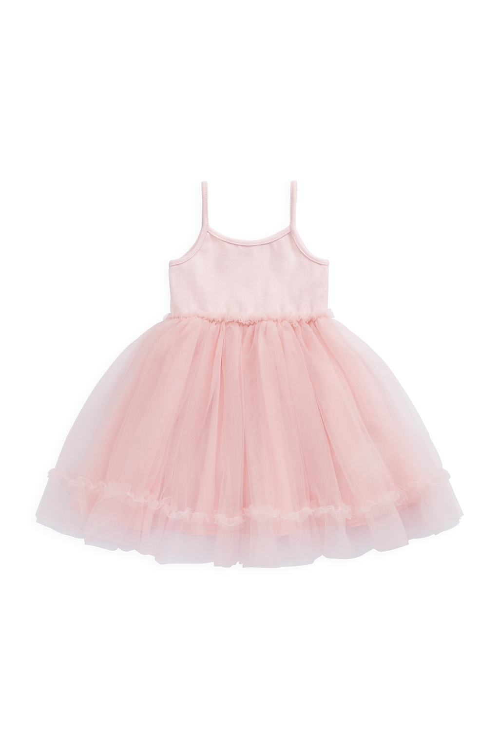 Robe élégante en coton-tulle rose poudré avec jupe superposée et fines bretelles