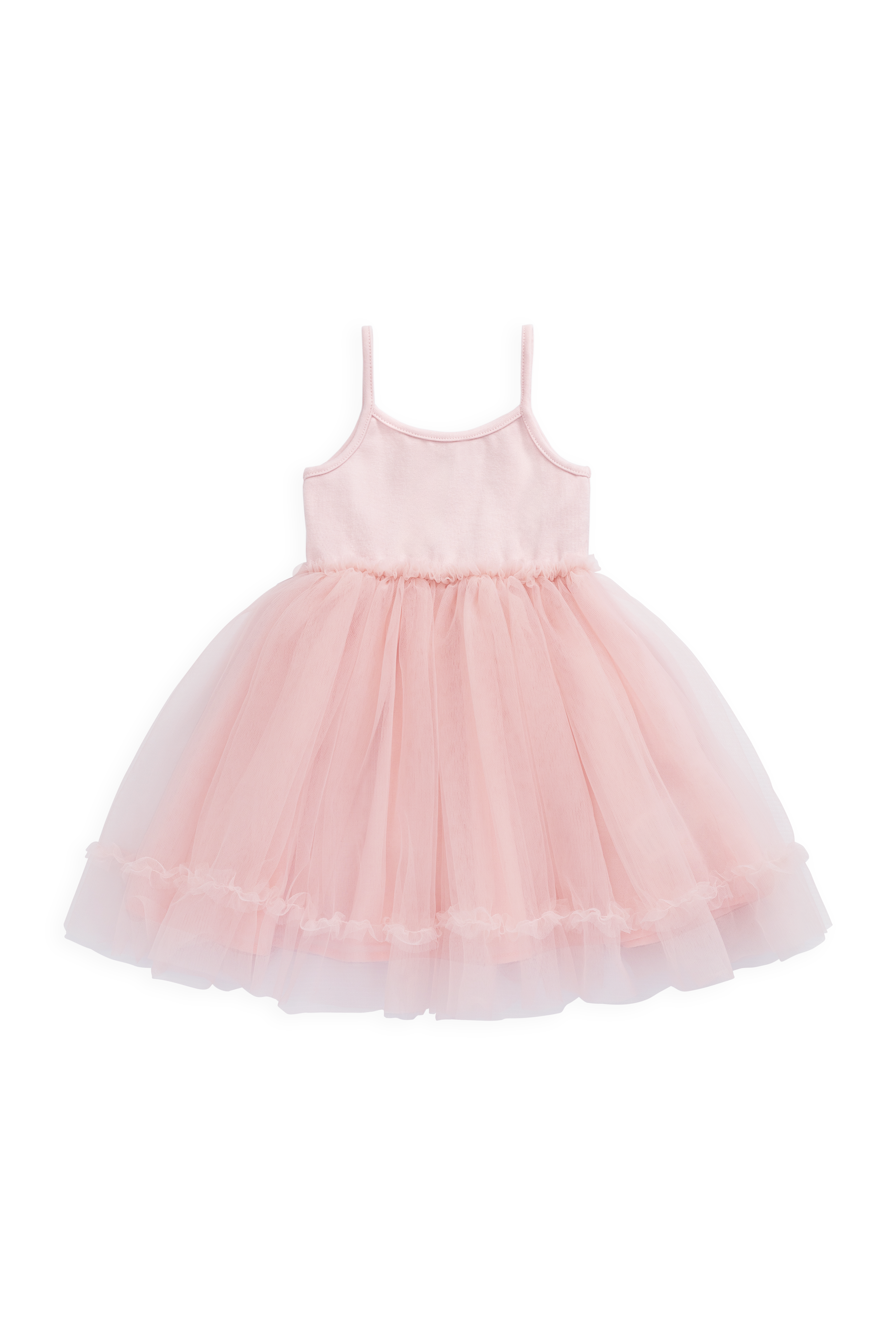 Robe élégante en coton-tulle rose poudré avec jupe superposée et fines bretelles