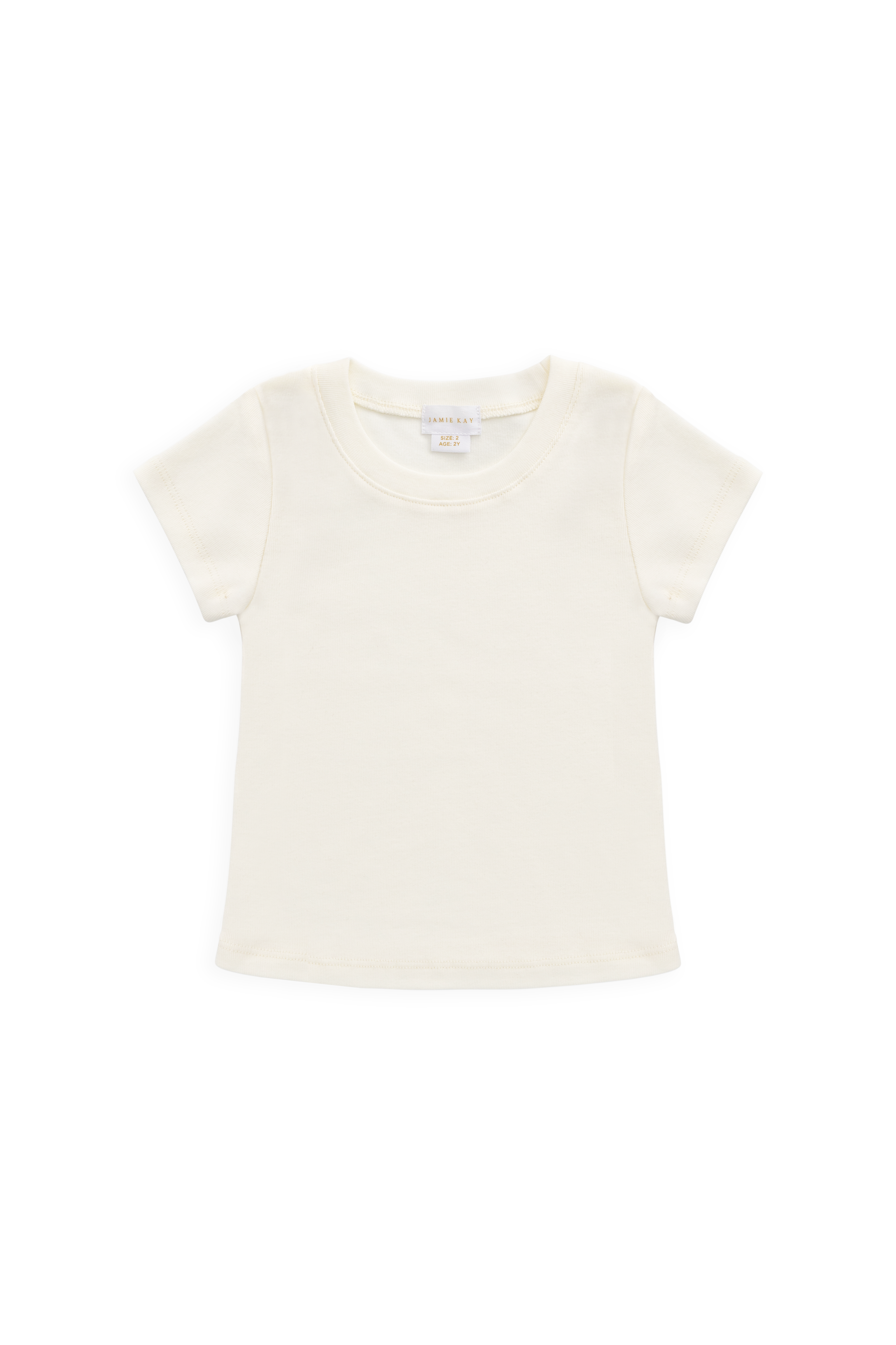 T-shirt côtelé col rond à manches courtes en coton biologique, couleur parchemin classique