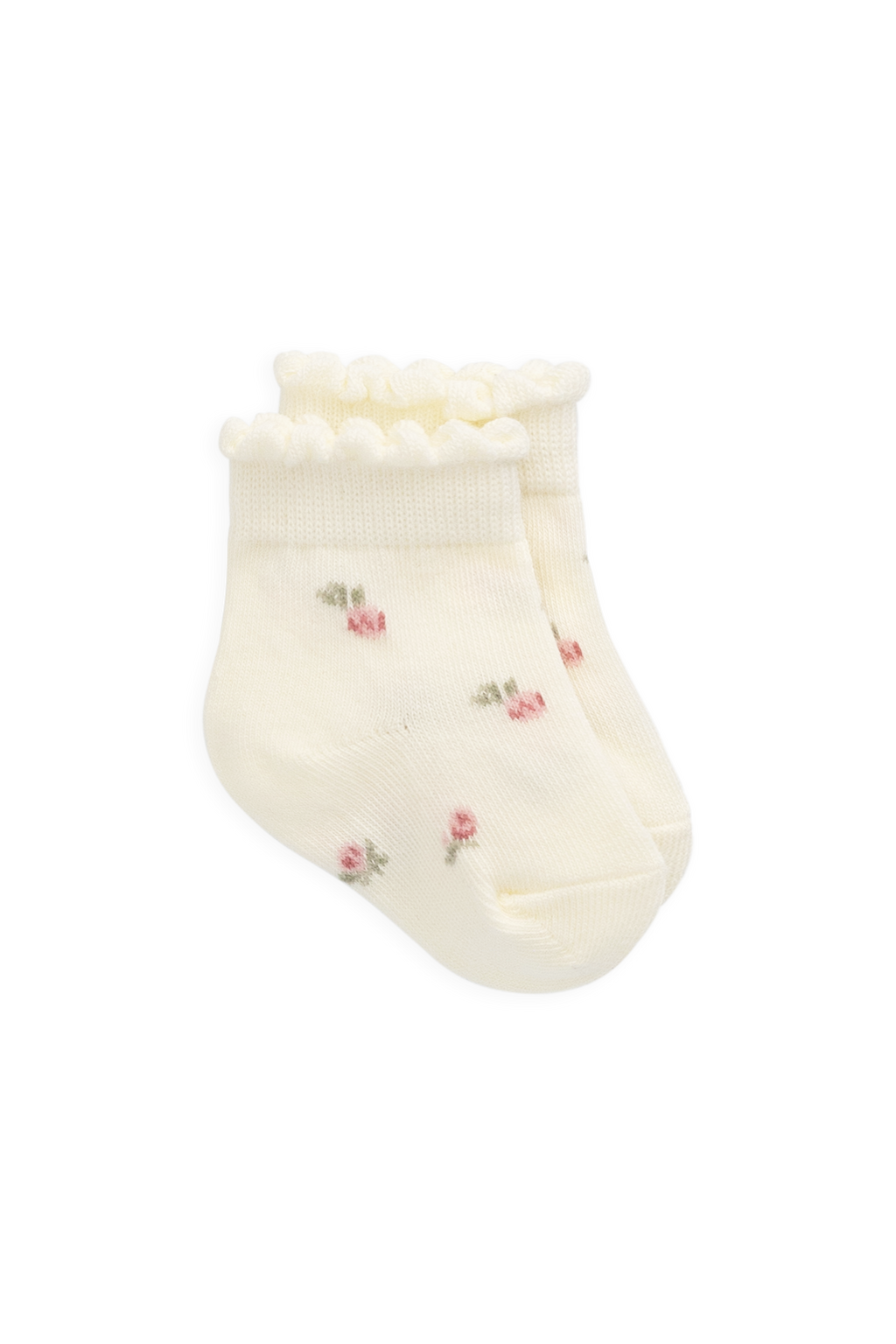 Chaussettes en coton crème, motif floral doux, brodées et avec bord festonné