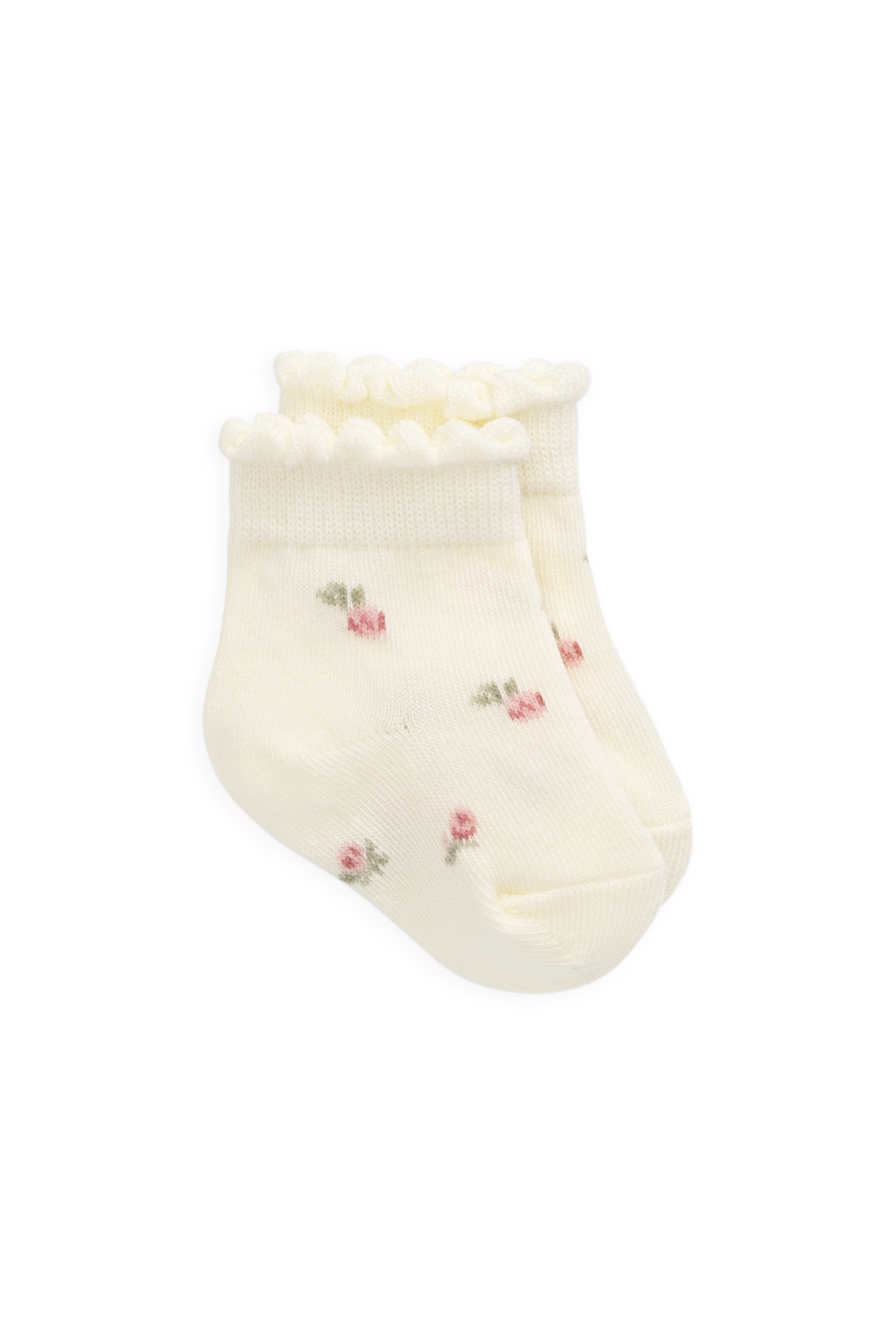 Chaussettes en coton crème, motif floral doux, brodées et avec bord festonné