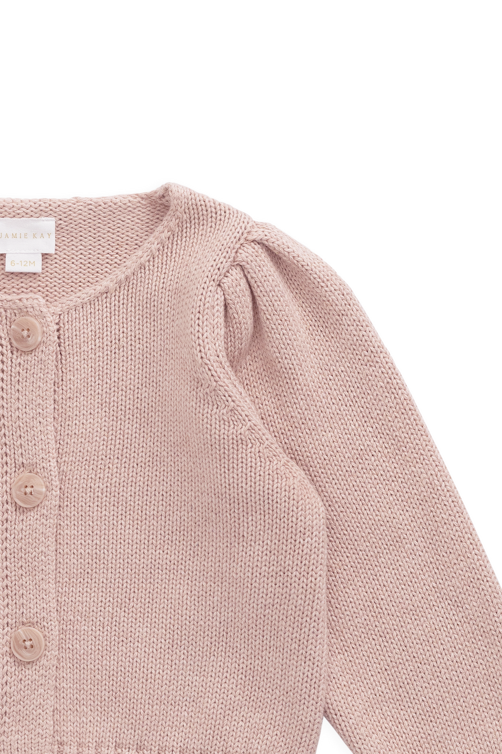 Gilet en coton tricoté rose chiné, col rond et manches bouffantes