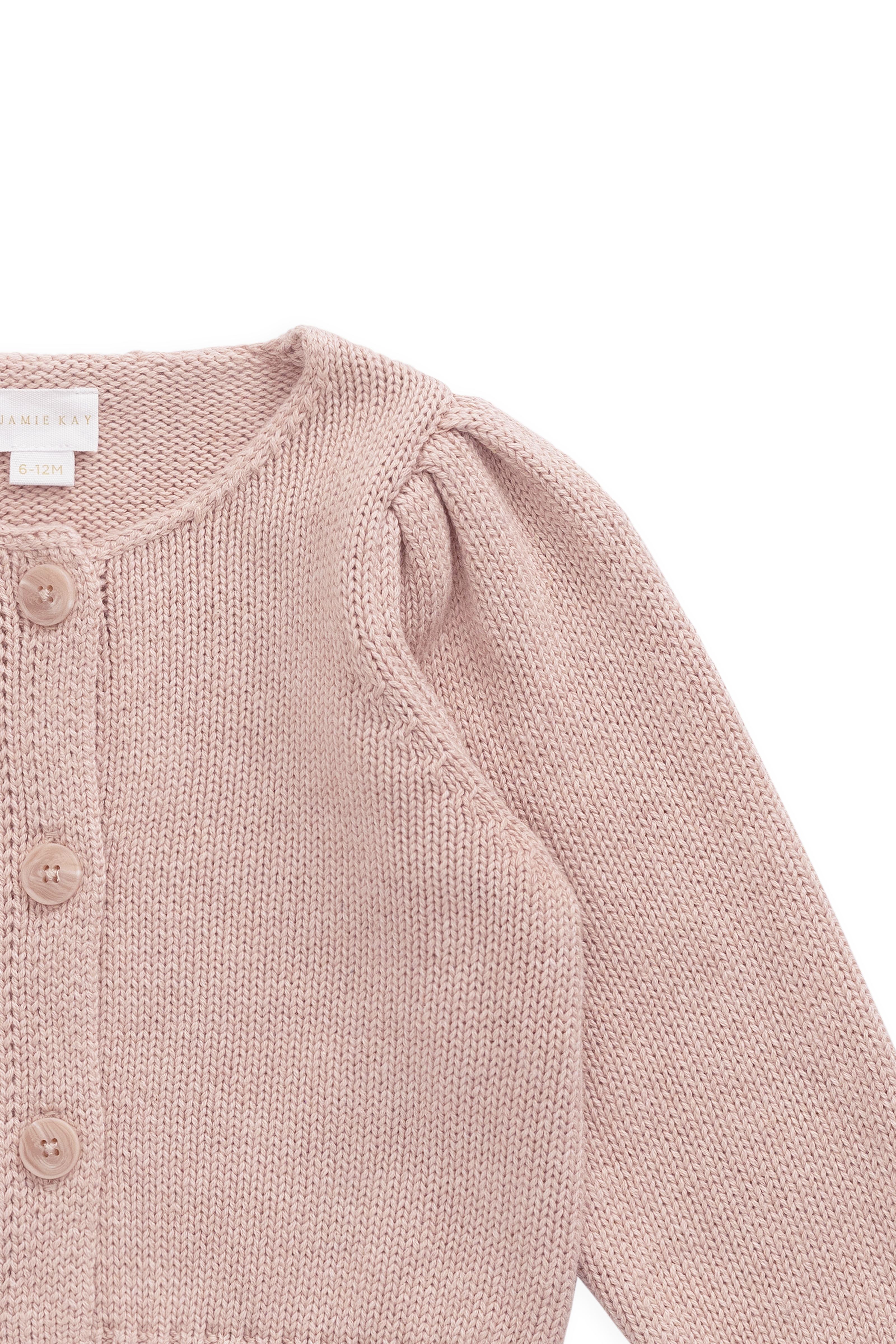 Gilet en coton tricoté rose chiné, col rond et manches bouffantes