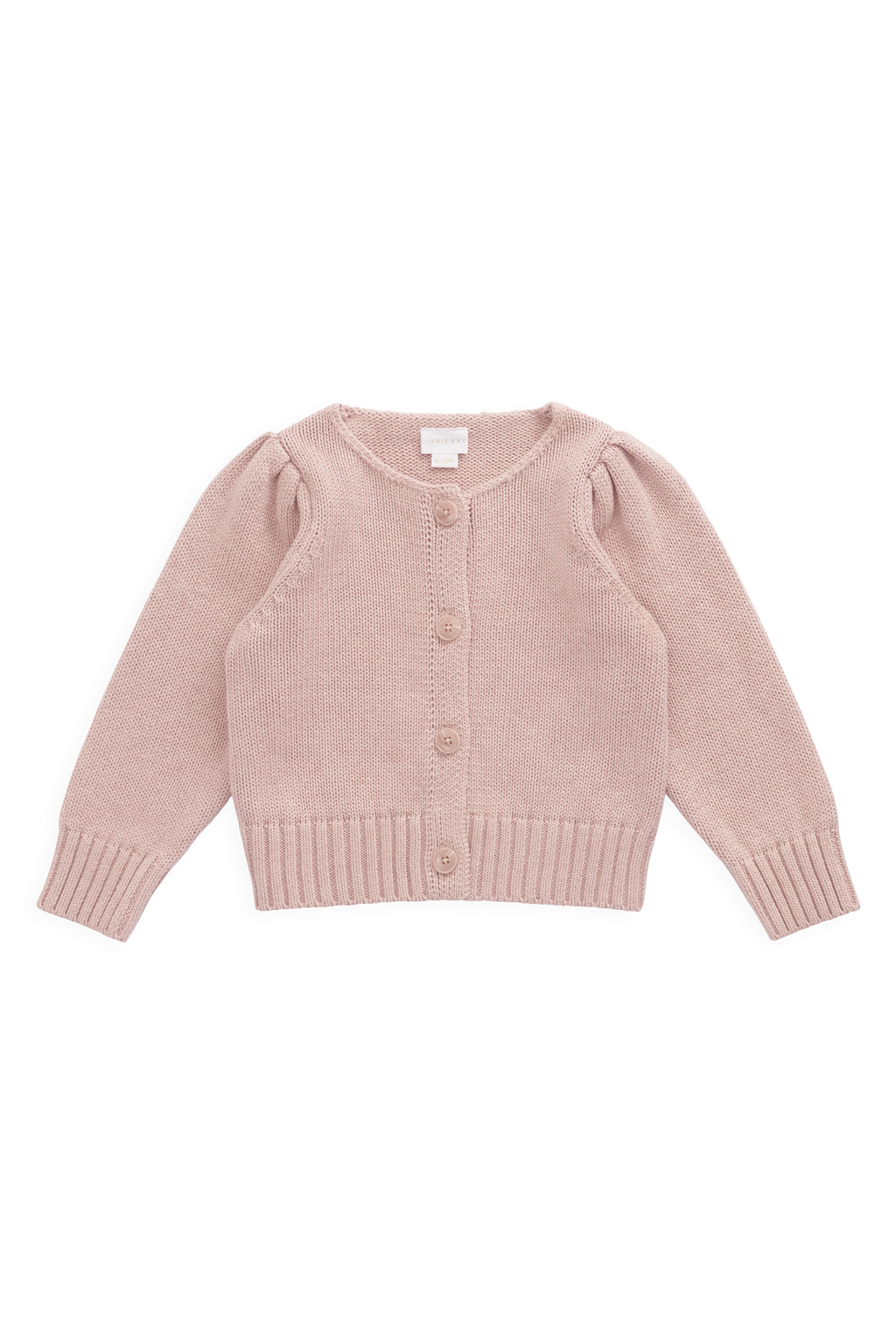 Gilet en coton tricoté rose chiné, col rond et manches bouffantes
