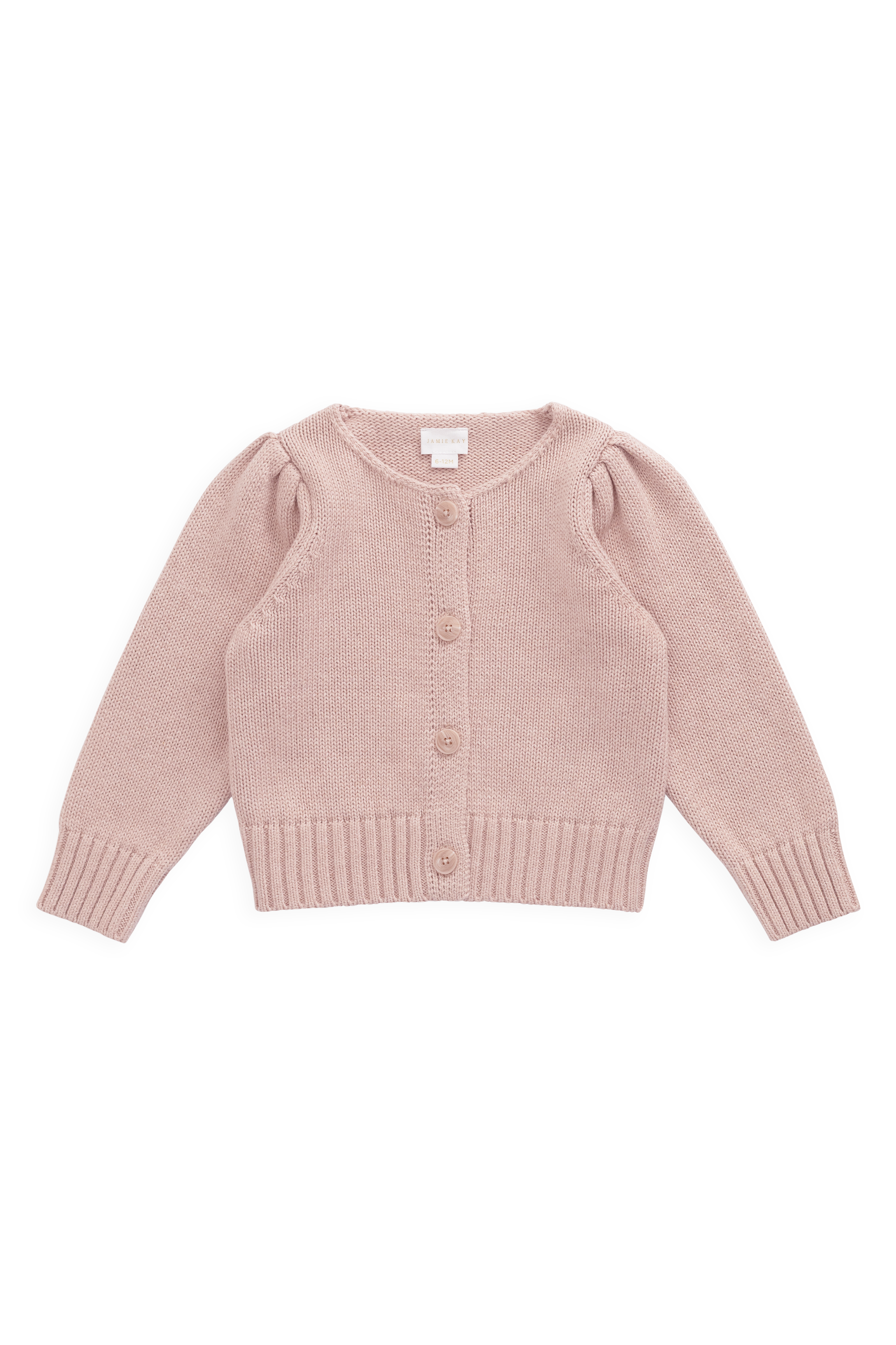 Gilet en coton tricoté rose chiné, col rond et manches bouffantes