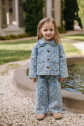 Veste en jean bleu vintage à motif floral, col rond et poches plaquées