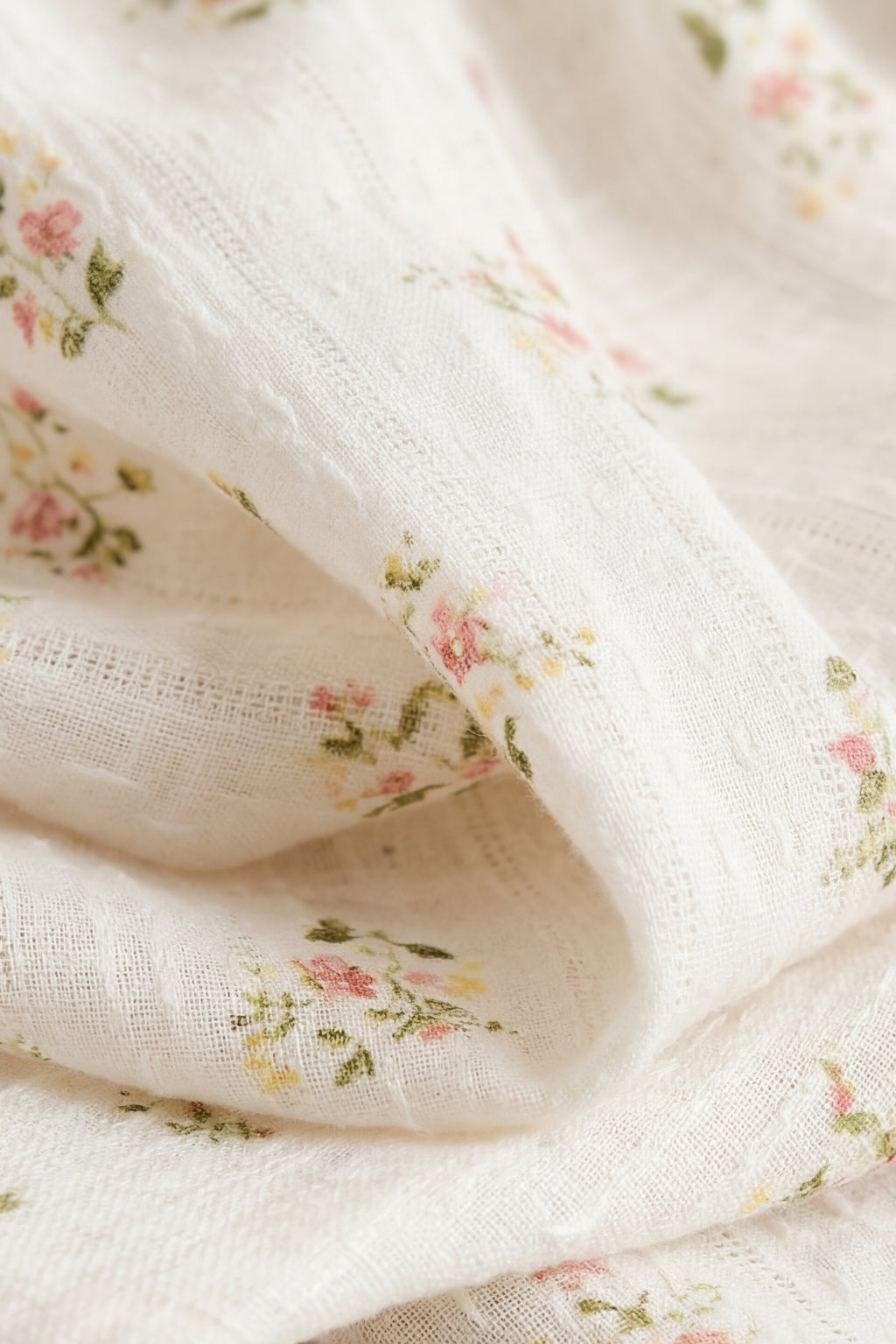 Haut en coton biologique blanc à imprimé floral vintage avec encolure à volants et manches courtes.