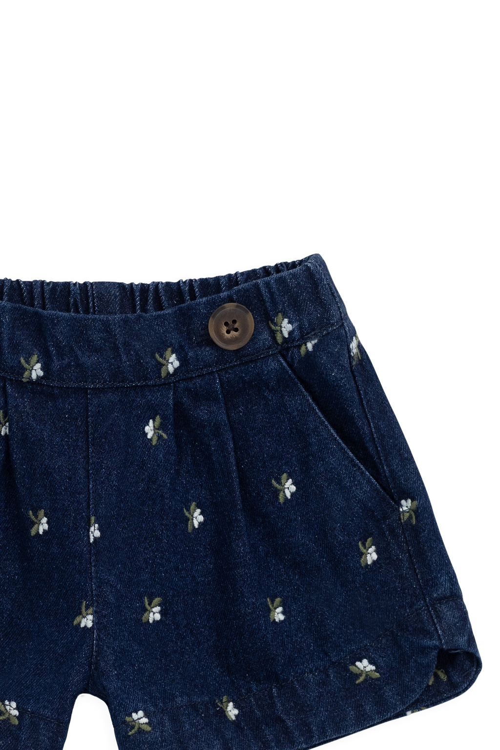 Short en jean de coton fleuri indigo vintage avec quincaillerie sans nickel
